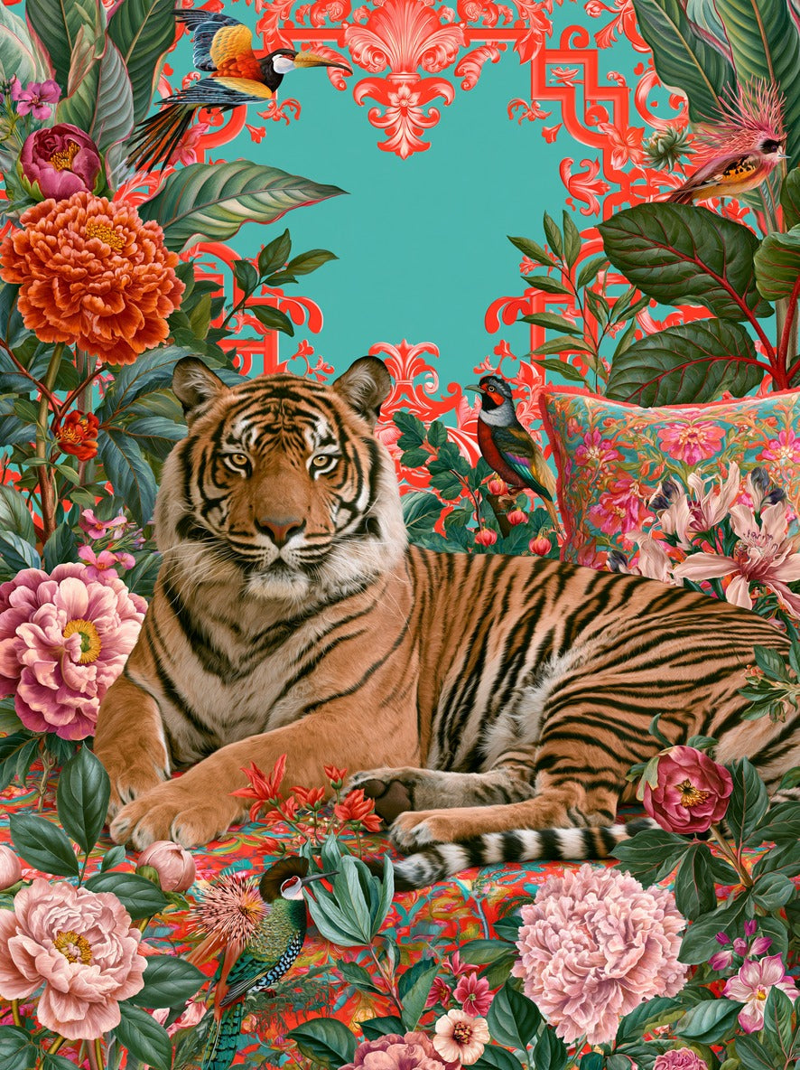 Tiger resting among coral flowers, teal leaves, and small birds on a turquoise ground