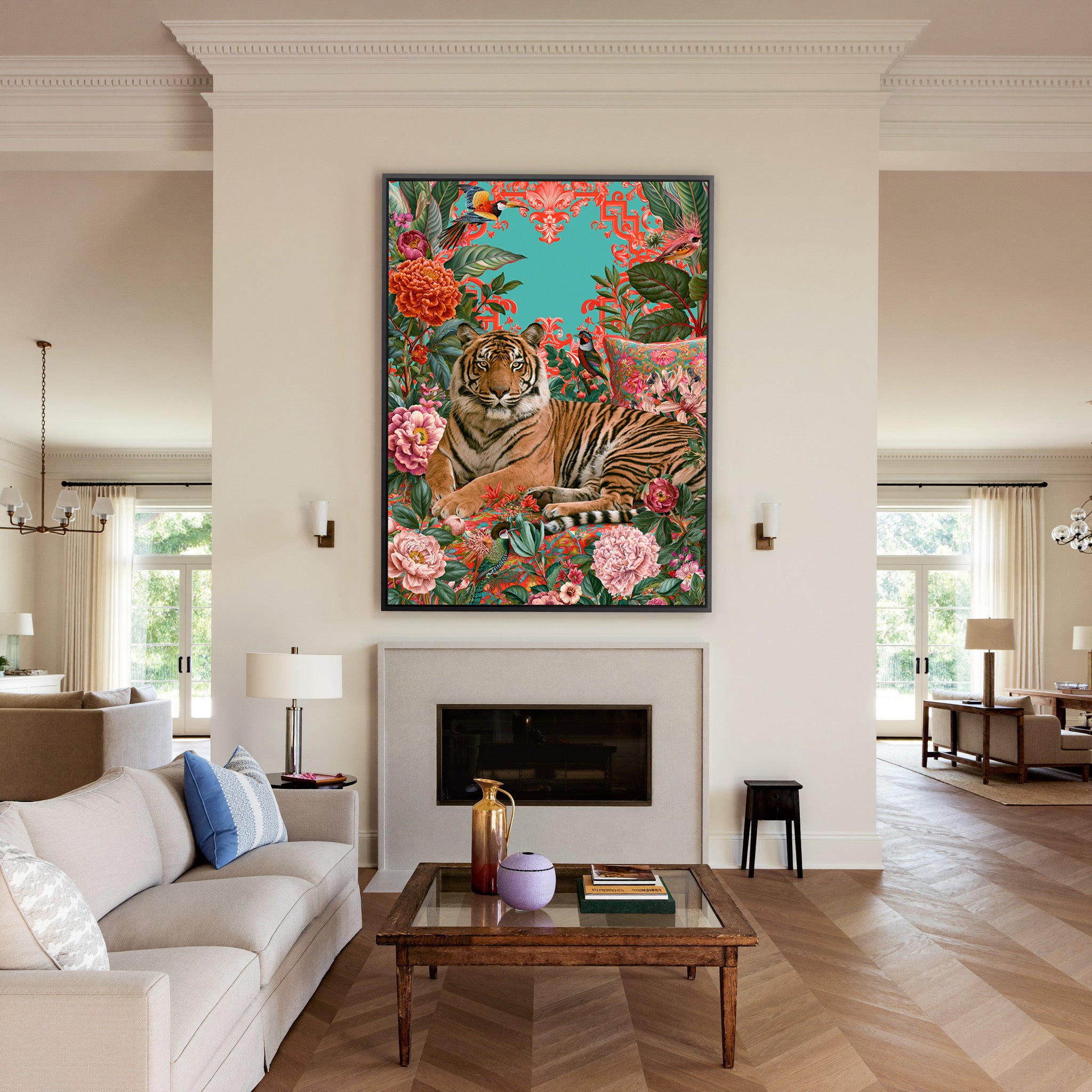 tiger among coral florals and teal foliage canvas wall art in a black frame above a mantel