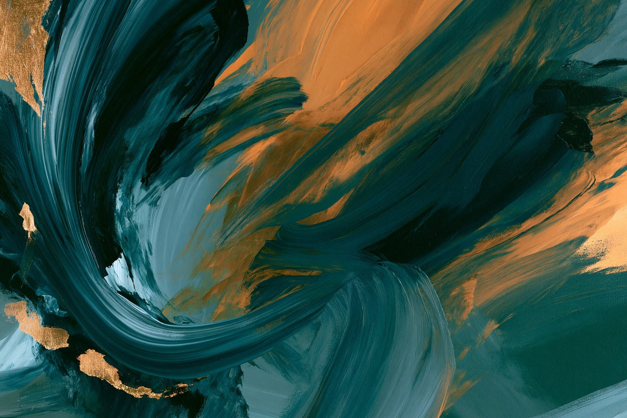 Sweeping teal arcs and copper bands with a pale blue-gray opening on a dark ground