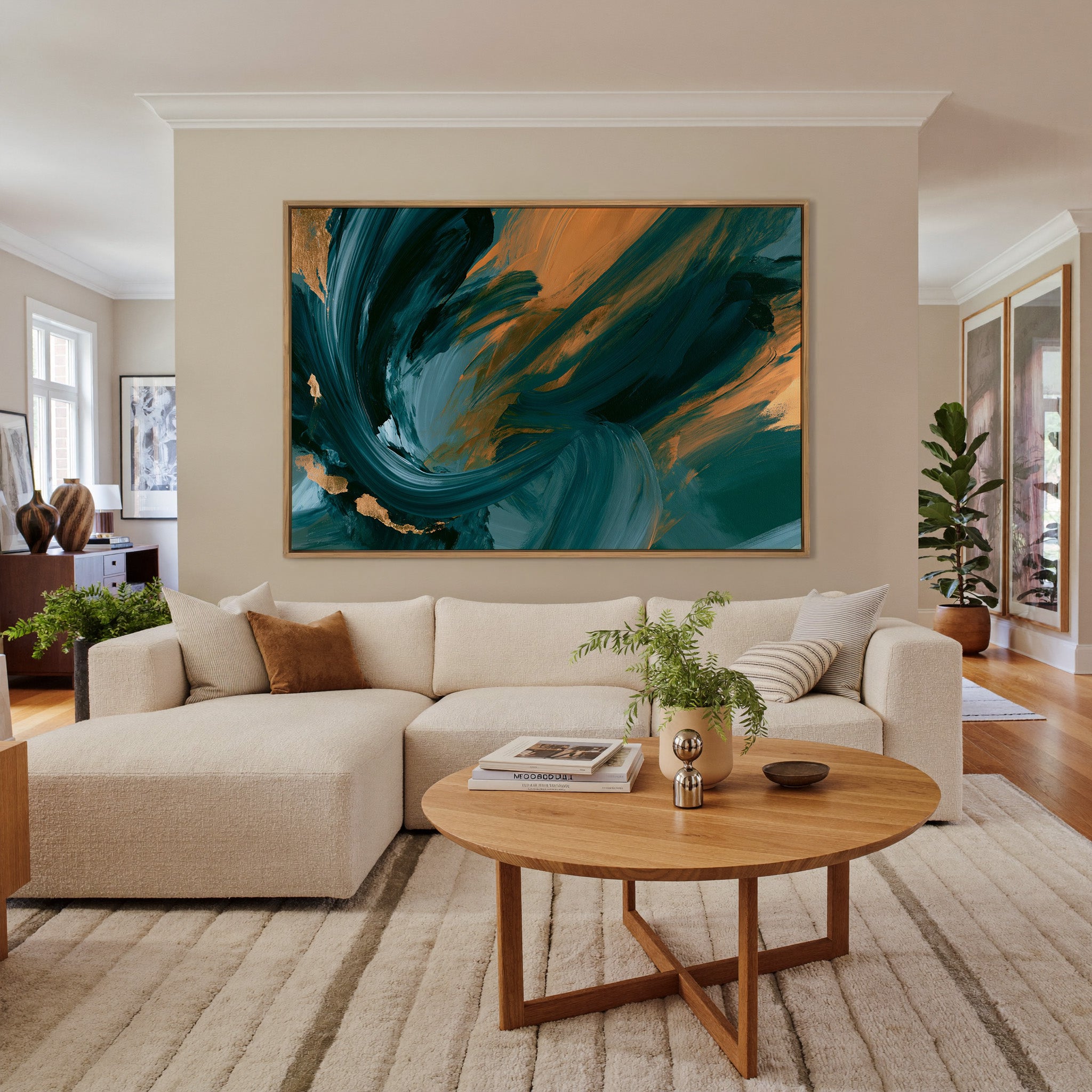 teal and copper abstract with sweeping arcs canvas wall art in an oak frame in a living room