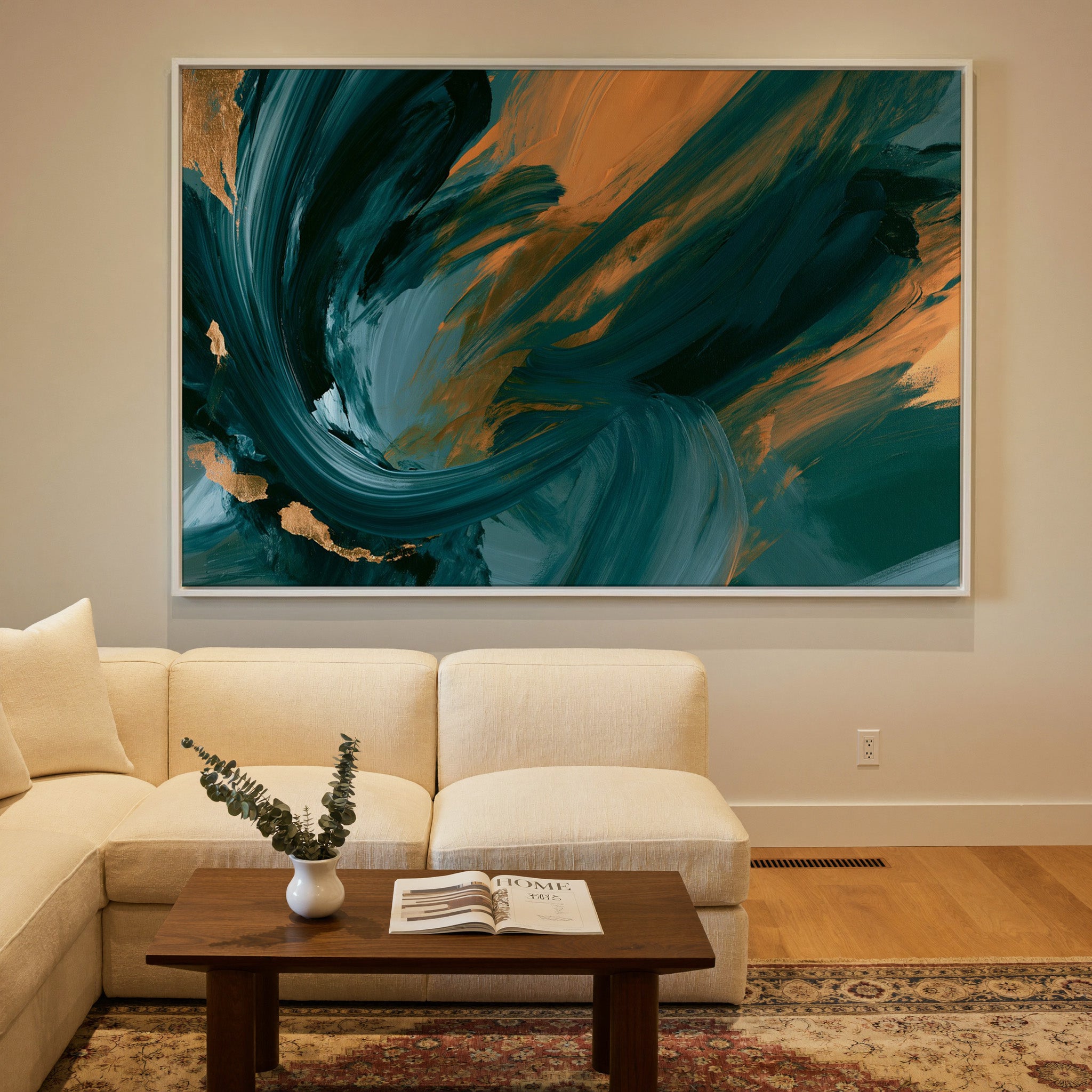 teal and copper abstract with sweeping arcs canvas wall art in a white frame in a styled room setting