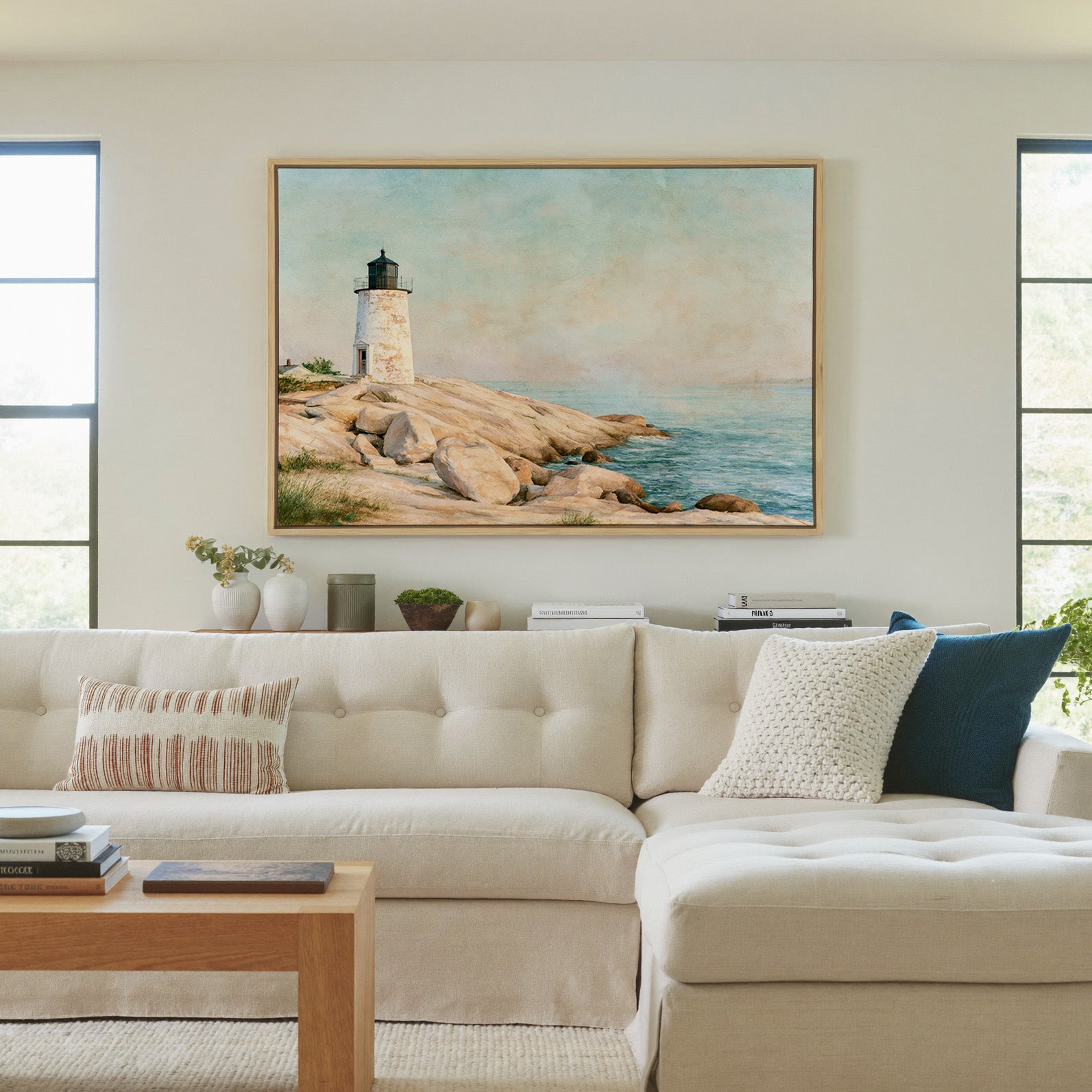 weathered white lighthouse on pale rock above canvas wall art in a natural wood frame in a living room