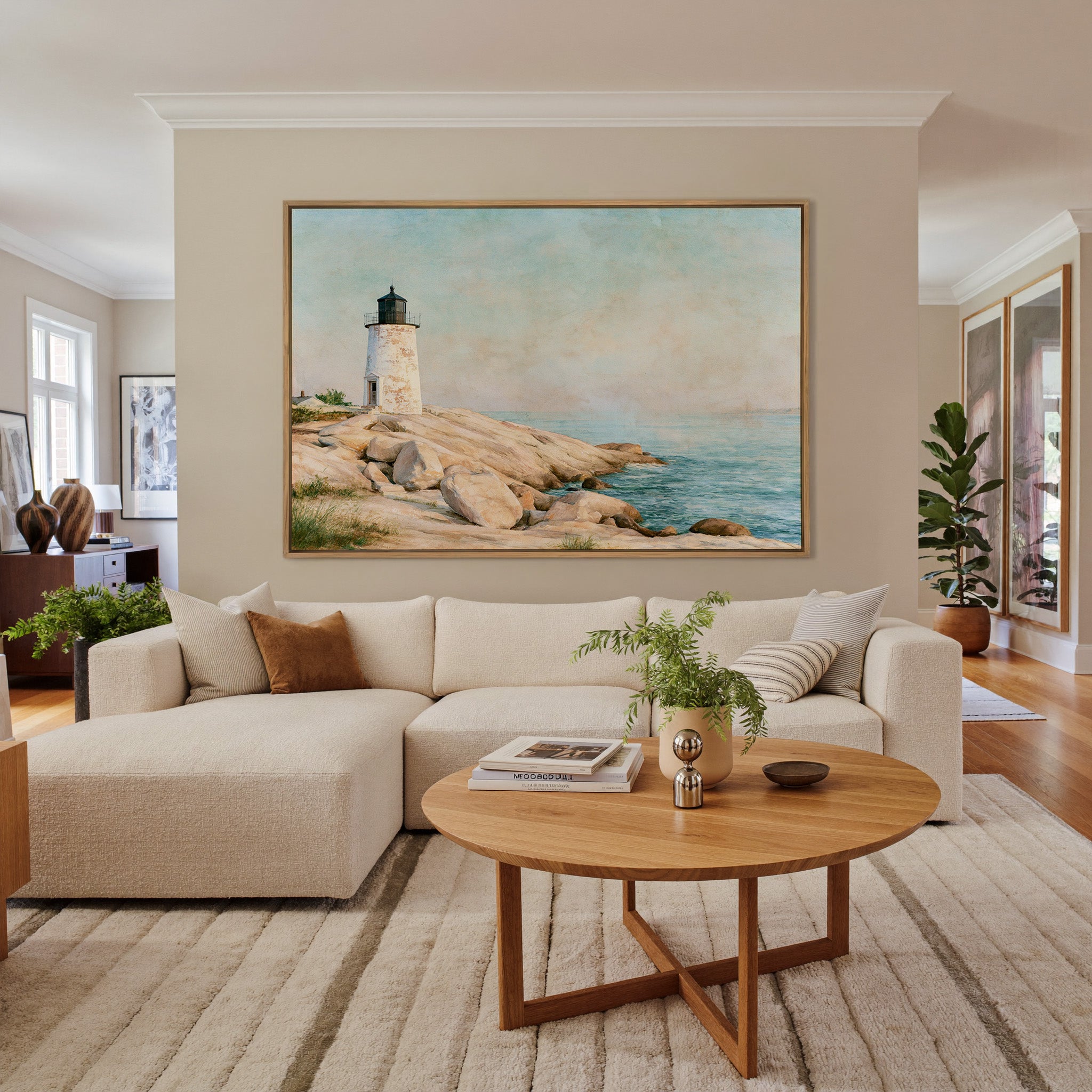 weathered white lighthouse on pale rock above canvas wall art in an oak frame in a living room