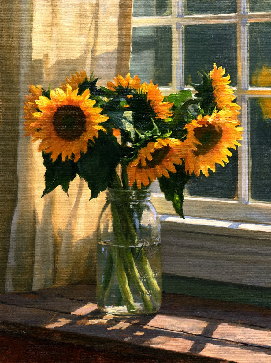 Sunflowers in a clear glass jar beside a bright window with warm light and shadow