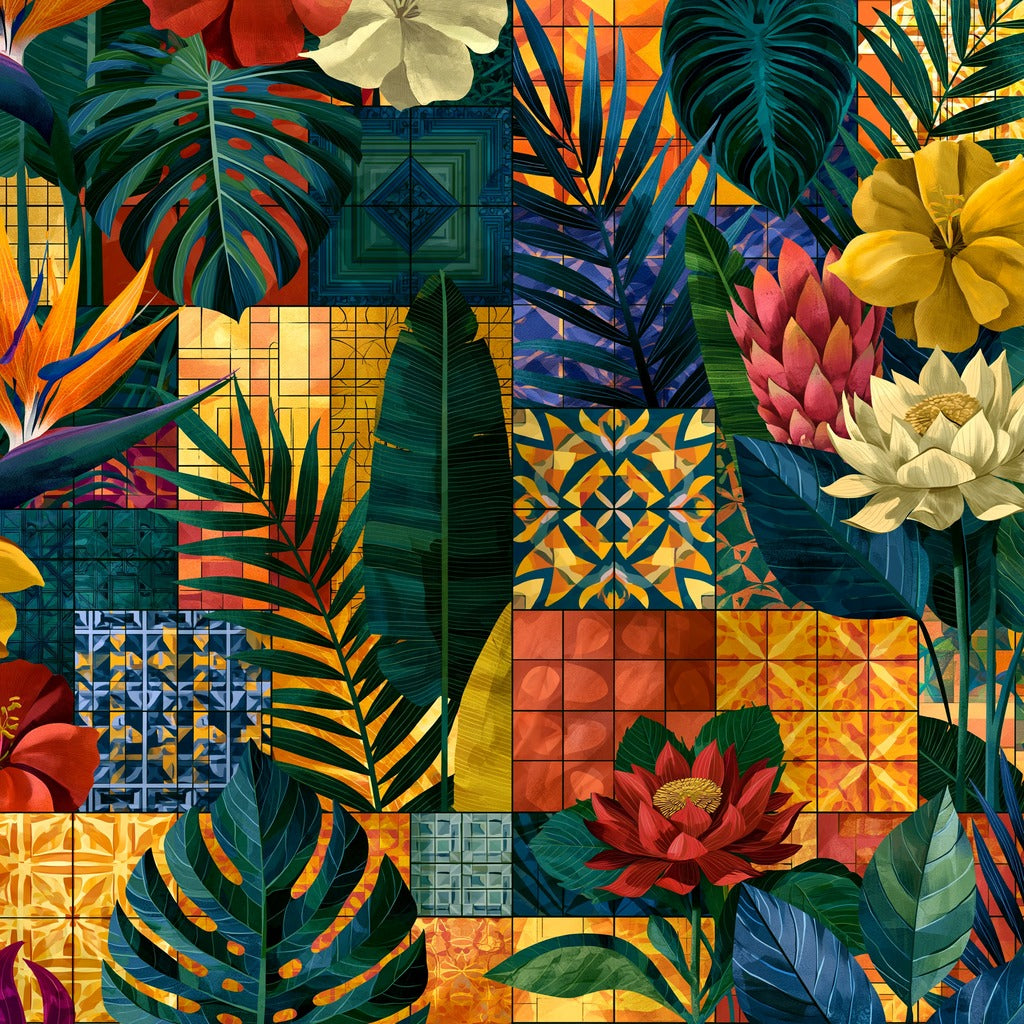 Tiled tropical leaves and flowers in teal, orange, yellow, red, and deep green