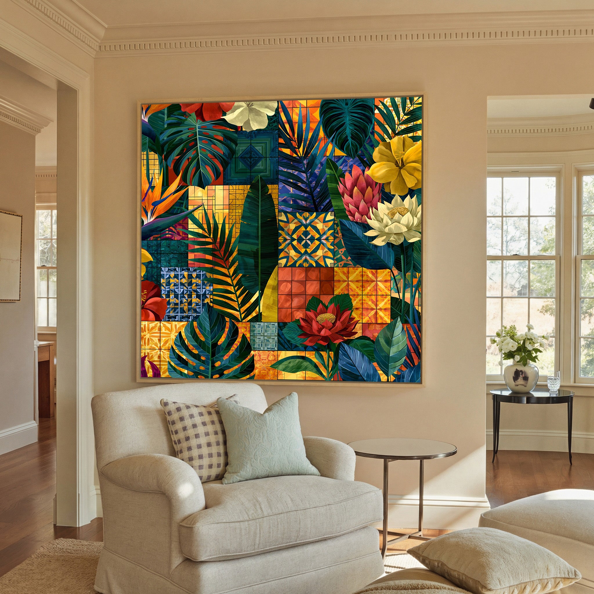patterned tropical leaves and flowers with canvas wall art in a natural wood frame in a styled room setting
