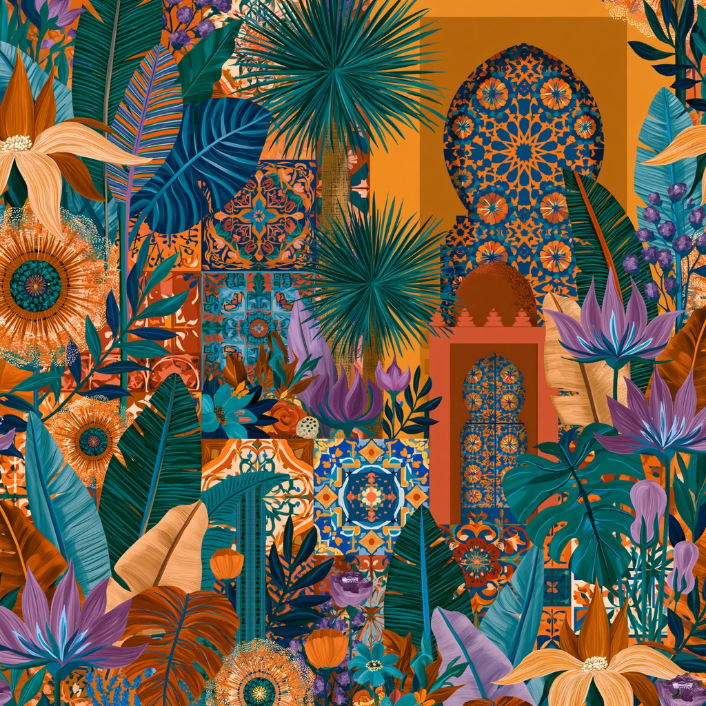 Teal fronds and purple blooms layered over orange and blue tile motifs in a dense tropical pattern