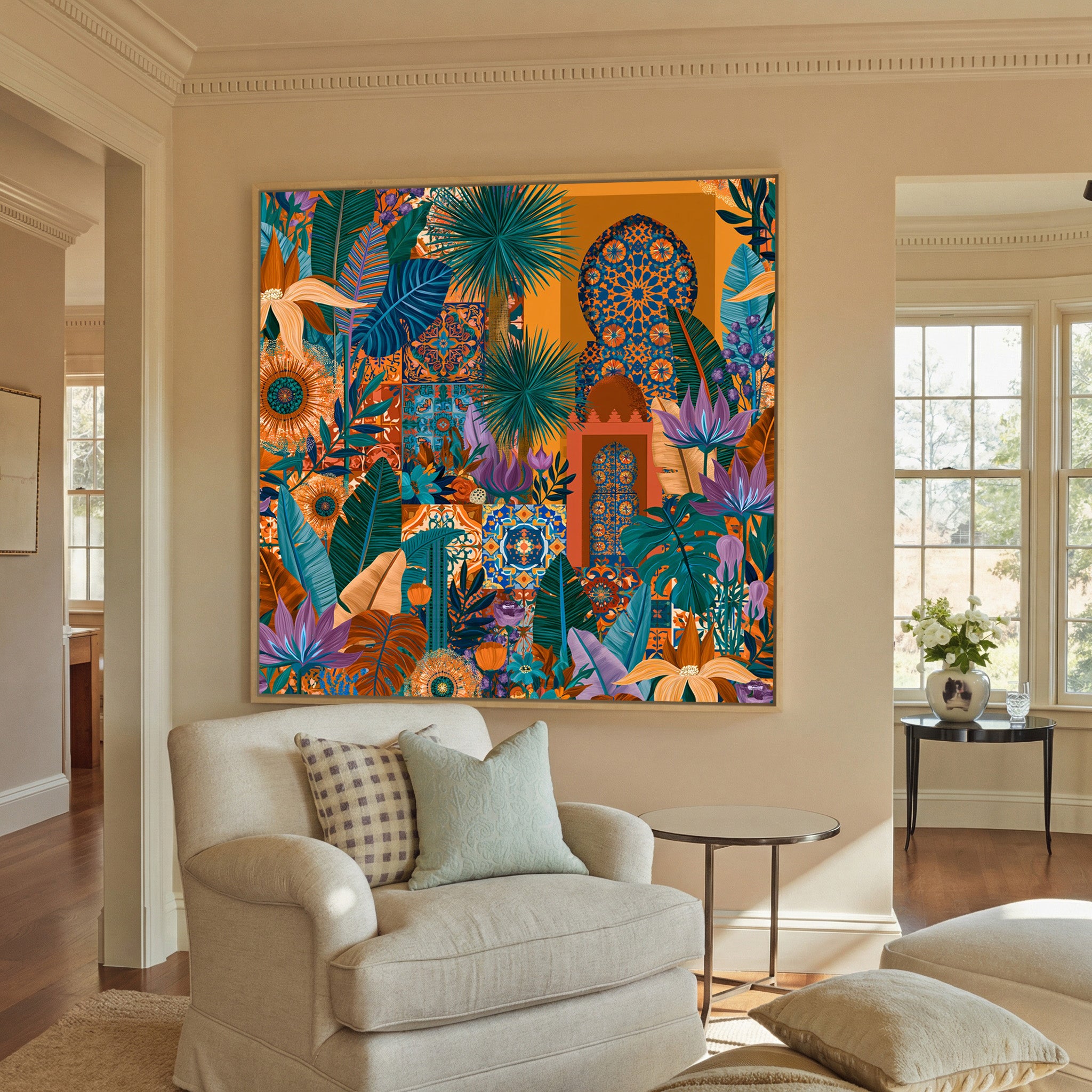 teal leaves with orange tile motifs canvas wall art in a natural wood frame in a styled room setting