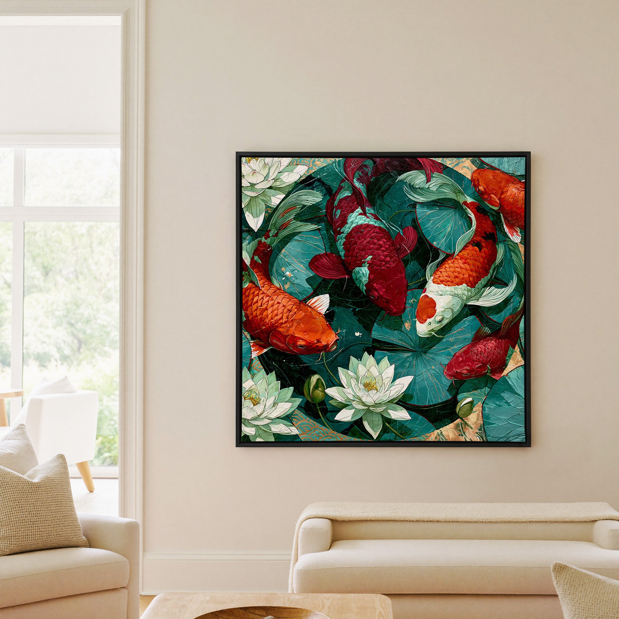 teal pond with koi and lotus flowers canvas wall art in a black frame in a living room