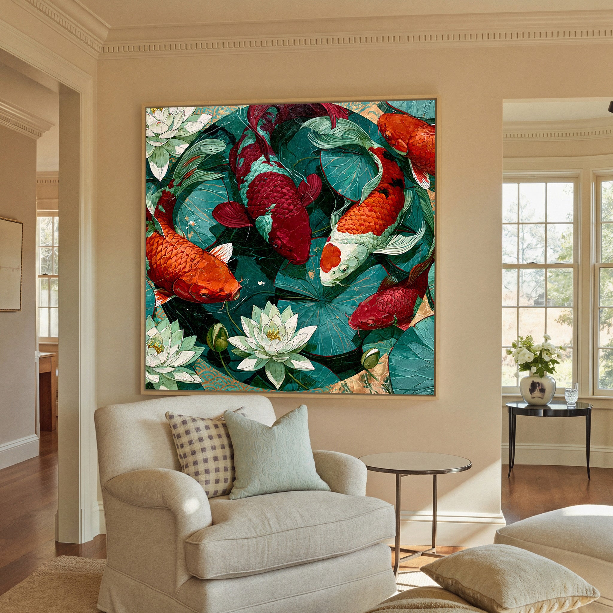 teal pond with koi and lotus flowers canvas wall art in a natural wood frame in a styled room setting