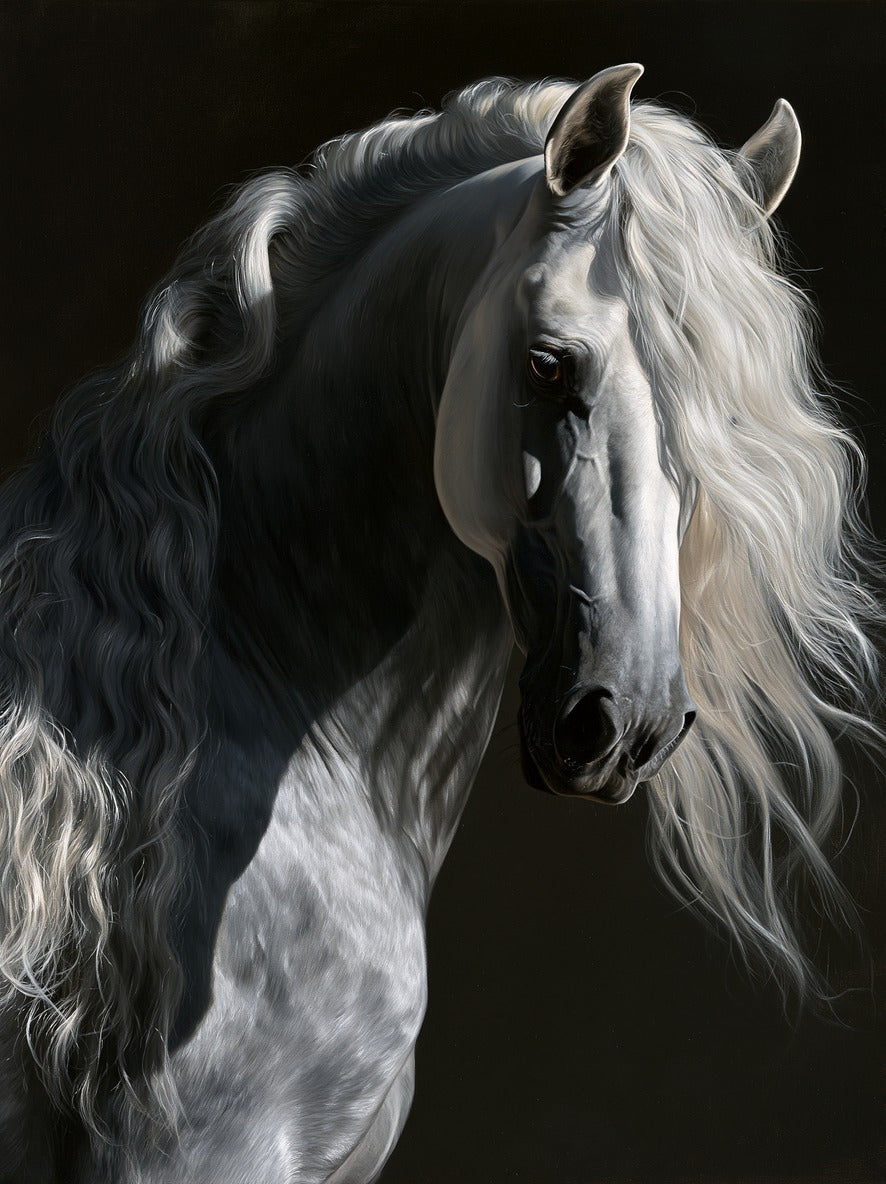 Grey Andalusian horse portrait with a flowing white mane against a dark background
