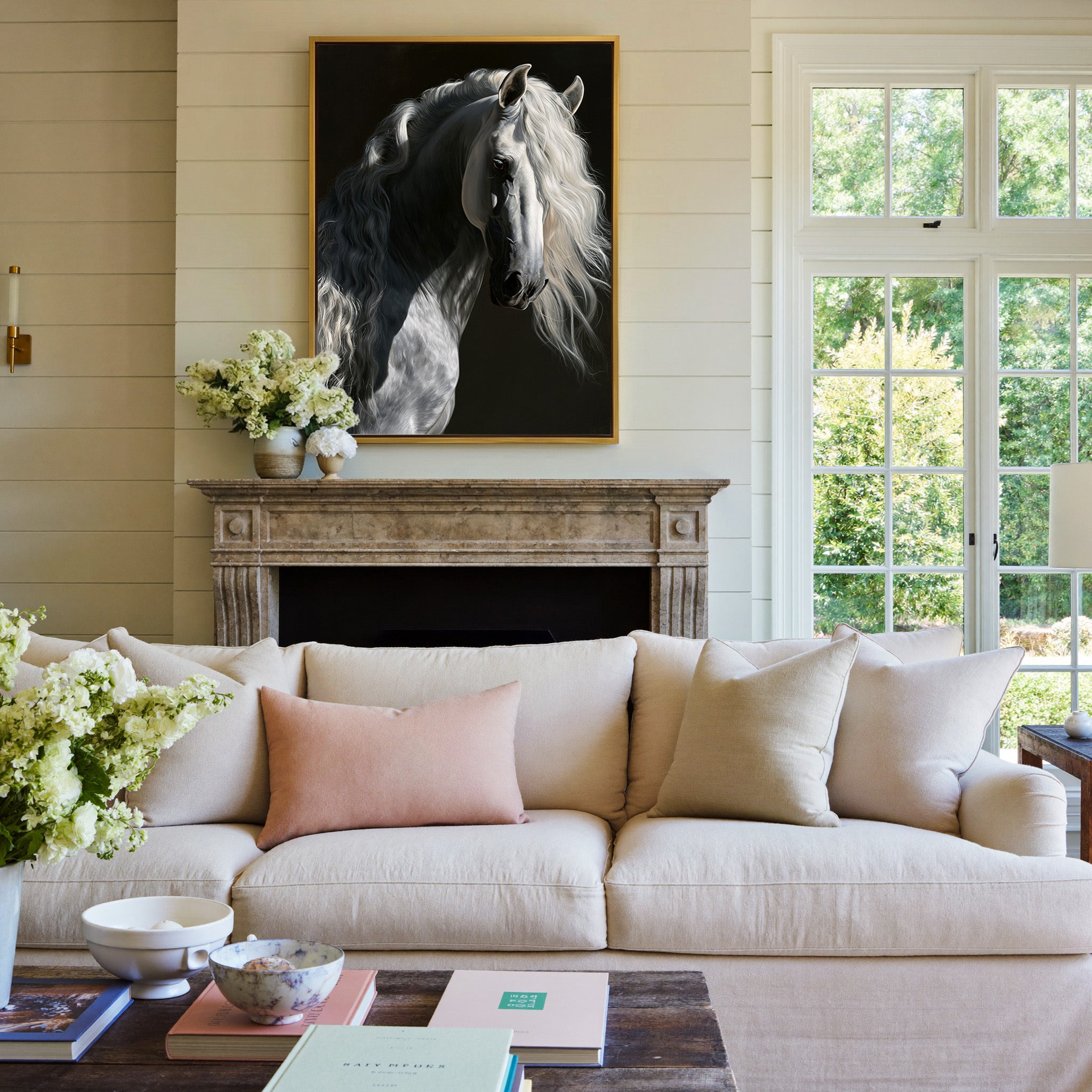 grey andalusian horse with flowing white mane canvas wall art in a gold frame above a mantel