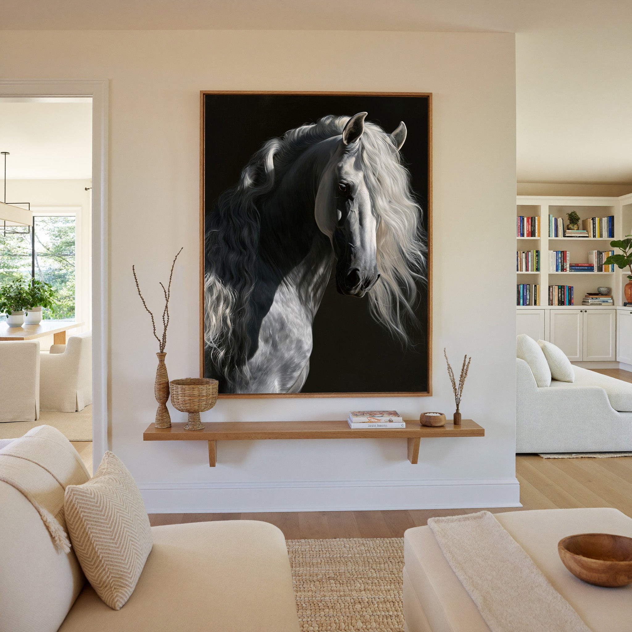 grey andalusian horse with flowing white mane canvas wall art in an oak frame in a living room