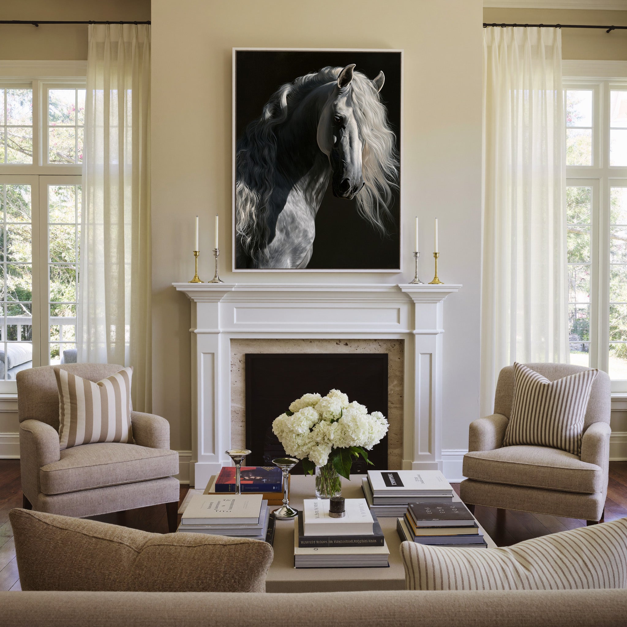 grey andalusian horse with flowing white mane canvas wall art in a white frame above a mantel