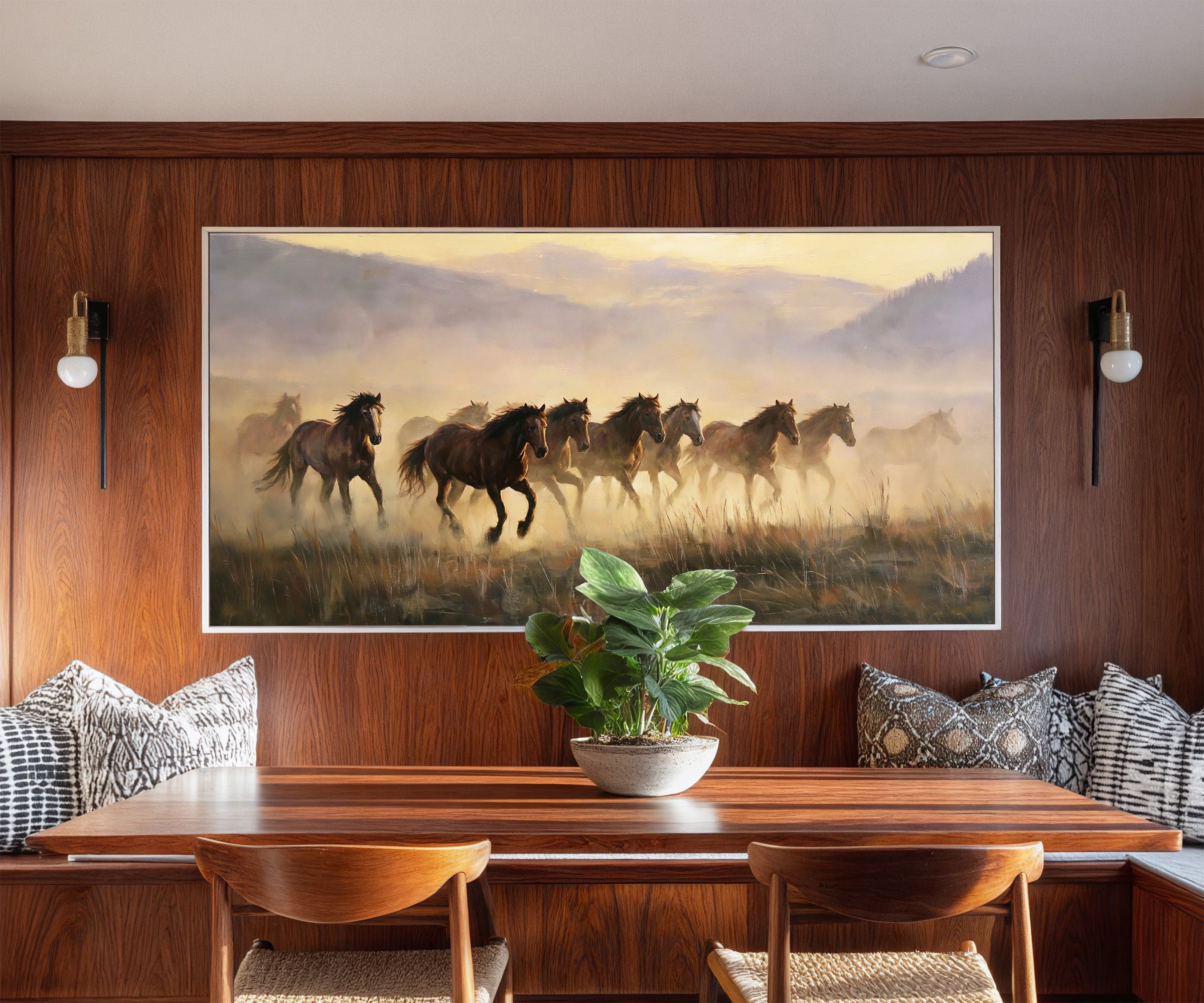 misty mustang herd at sunrise canvas wall art in a white frame in a styled room setting