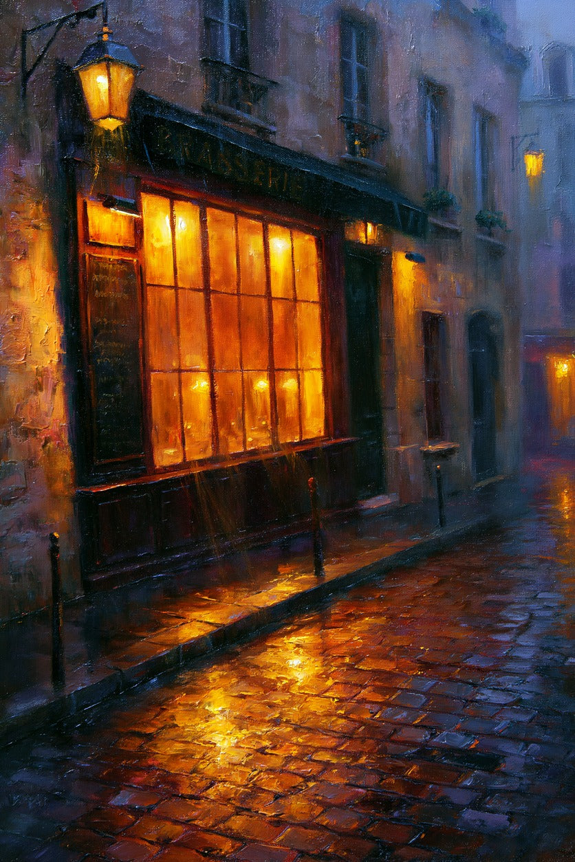 Rain-slick cobblestones and amber window glow on a narrow Parisian street at dusk
