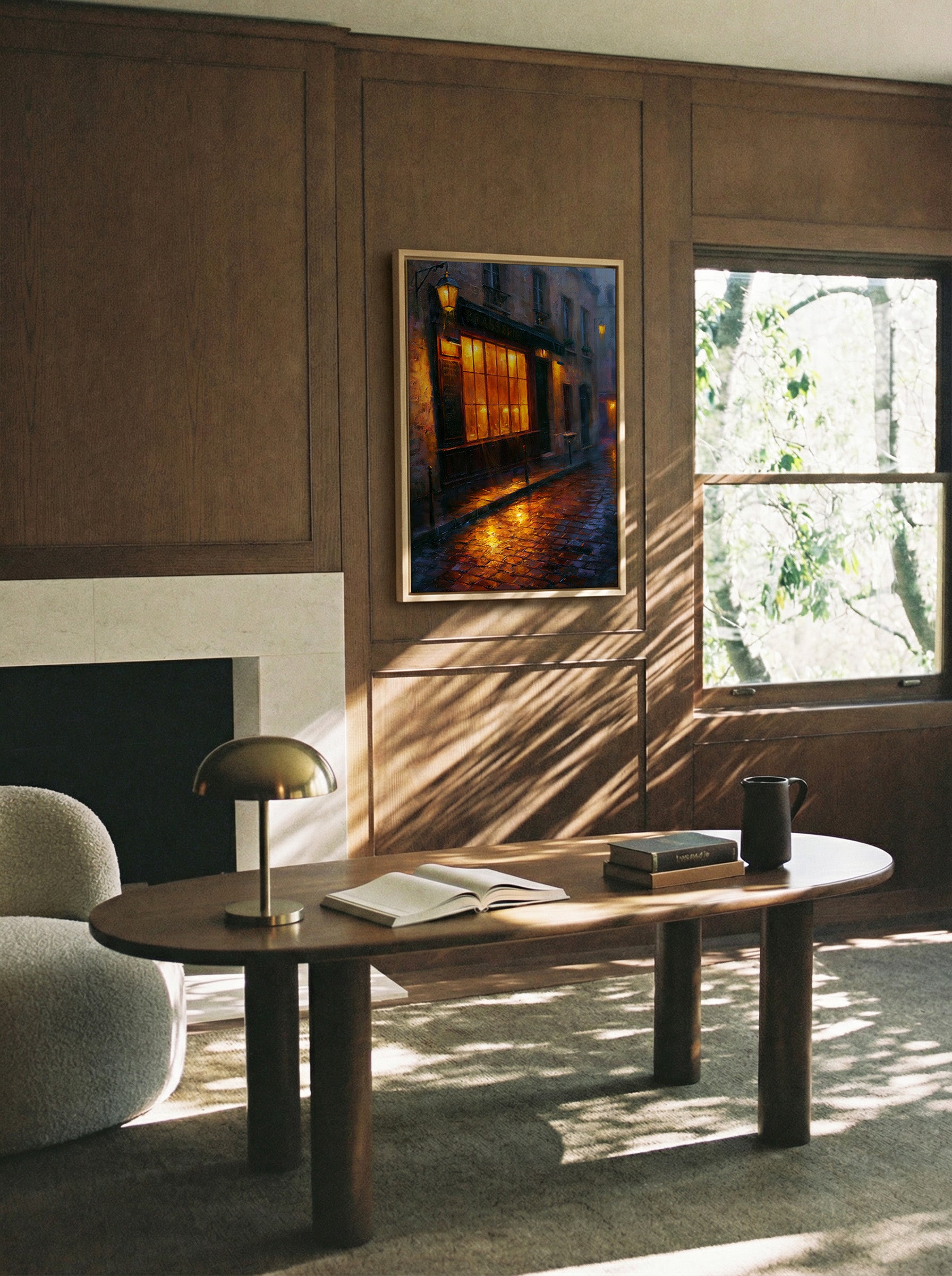 rain soaked parisian street with warm window canvas wall art in a natural wood frame in a styled room setting