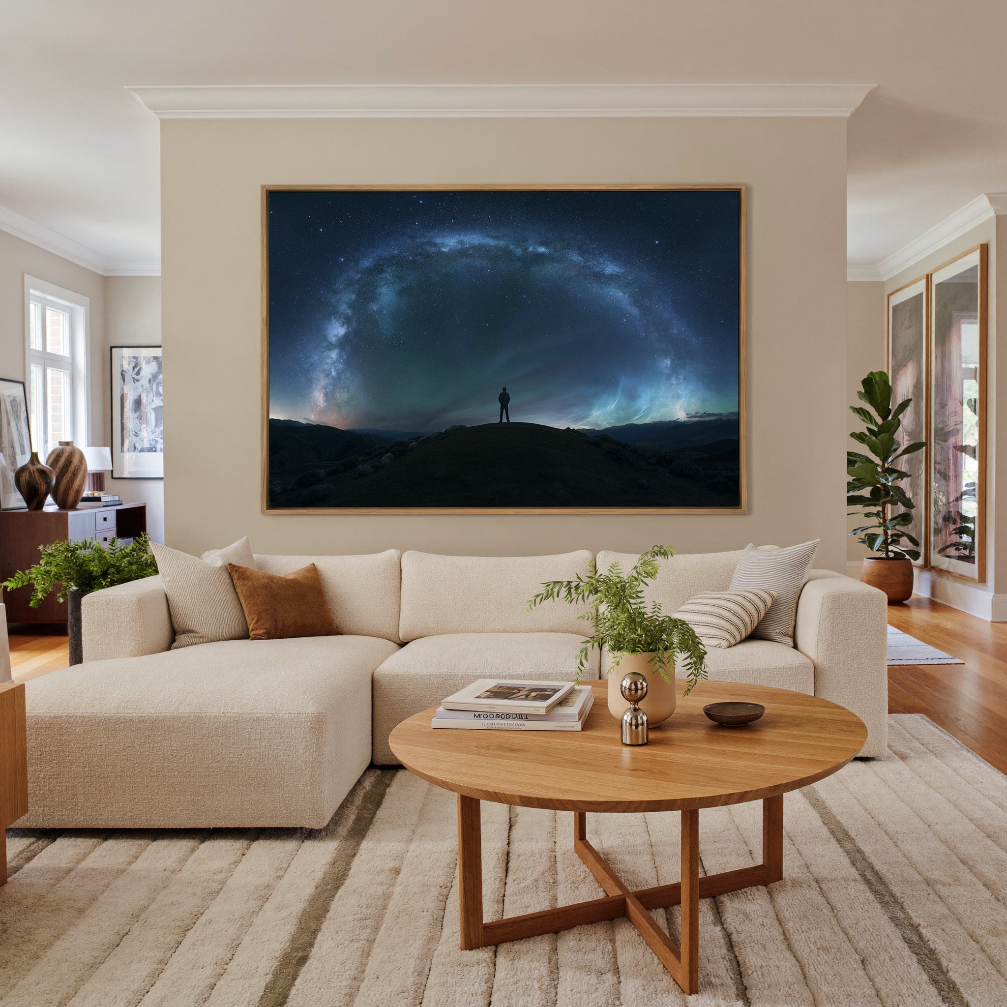 lone figure beneath a sweeping star arc canvas wall art in an oak frame in a living room