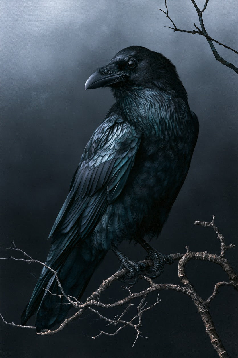 Dark raven on bare winter branch with blue-black feathers against a gray sky