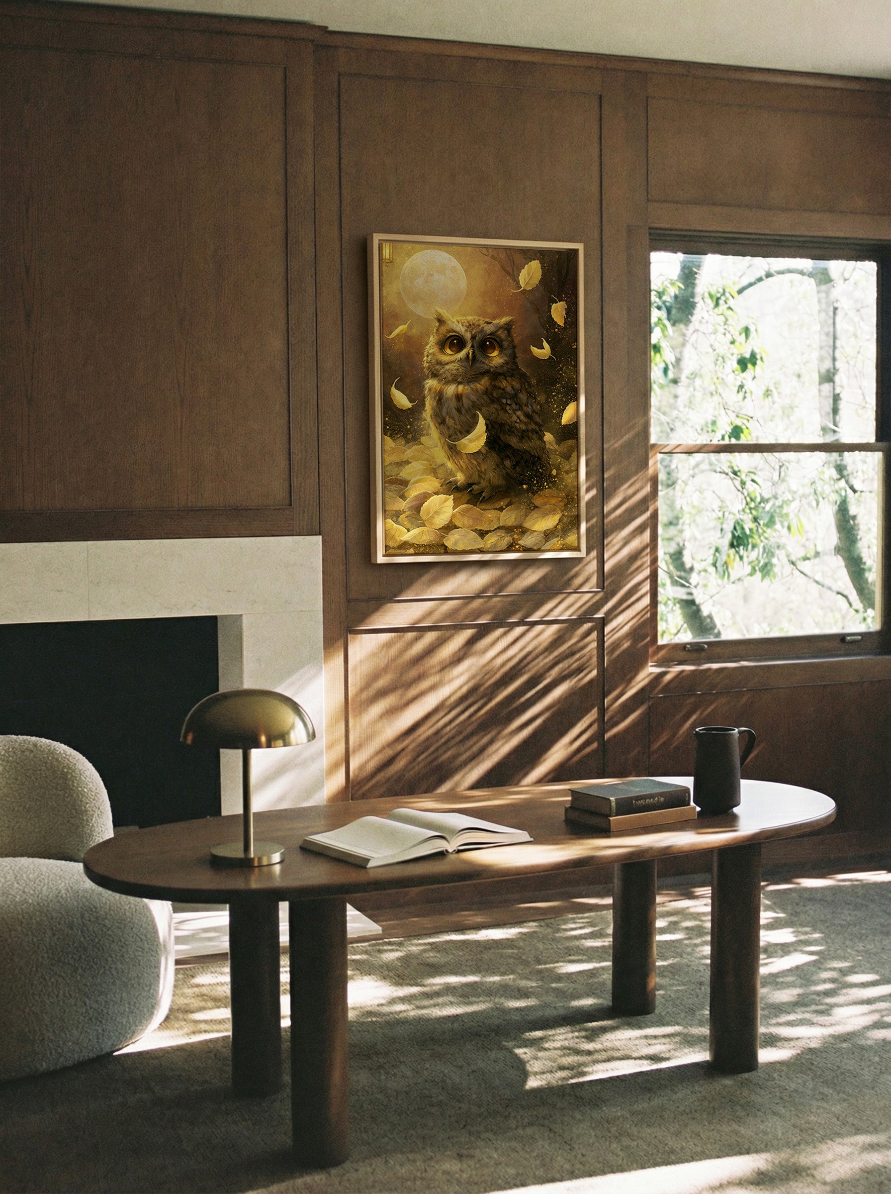 amber eyed owl with drifting gold leaves canvas wall art in a natural wood frame in a styled room setting