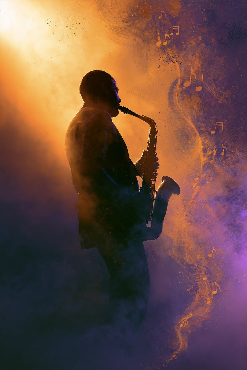 Silhouetted saxophone player in orange light and violet smoke with notes drifting upward