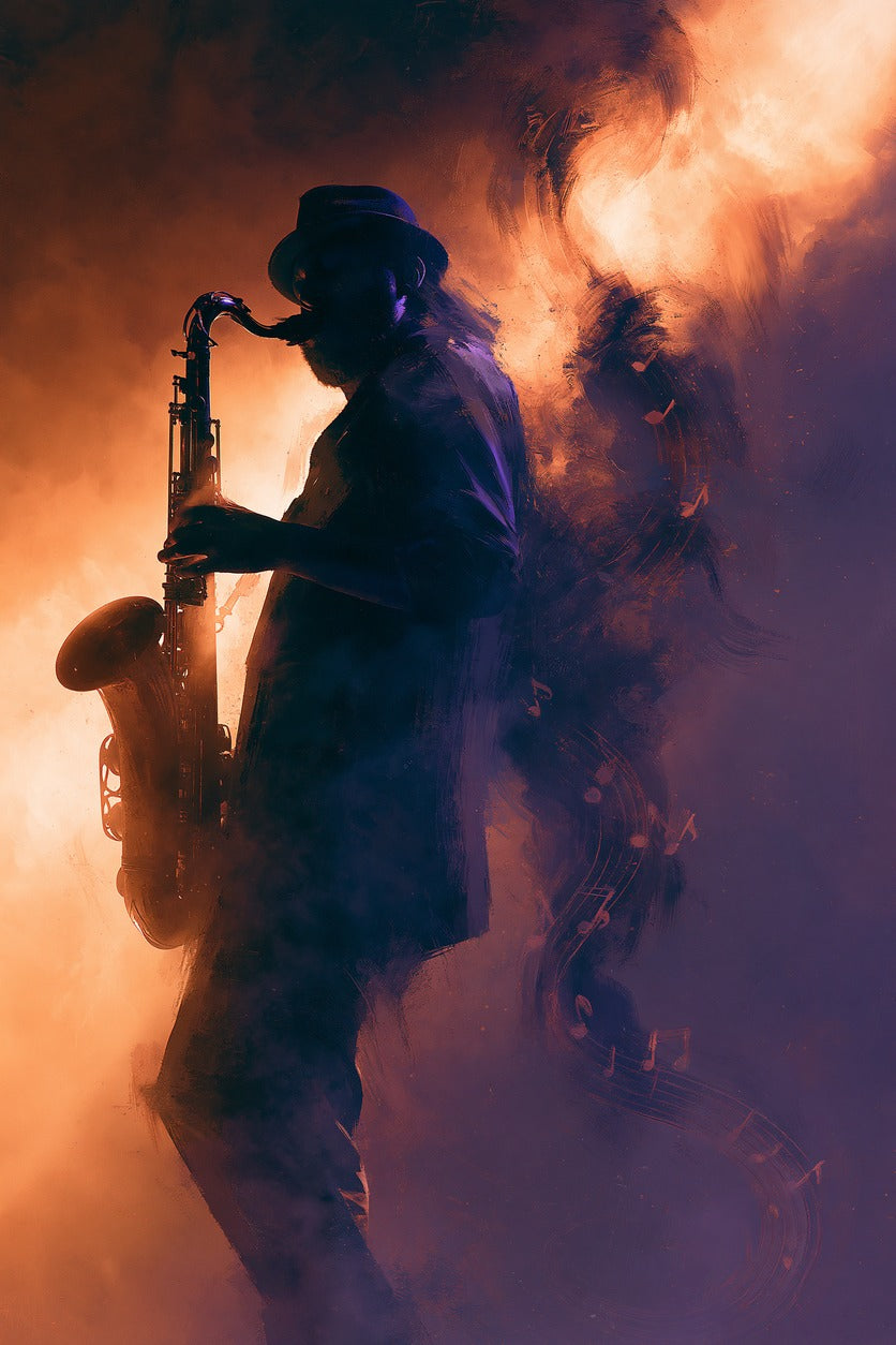Silhouetted saxophone player with orange glow and violet smoke, notes drifting behind