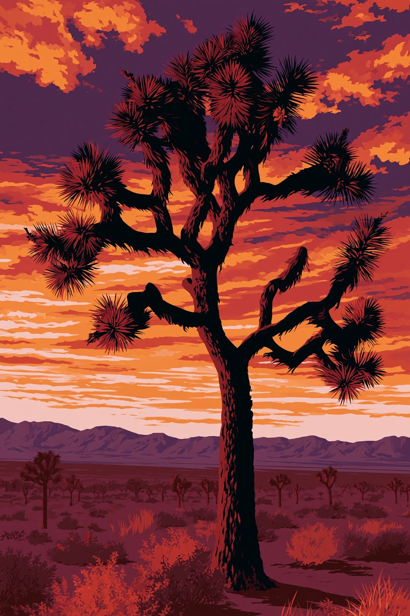 Silhouetted Joshua tree against orange clouds and a purple desert sky with distant ridges