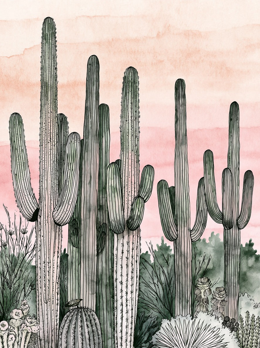 Tall saguaro cacti with dark vertical lines against a pink dusk sky and desert shrubs below