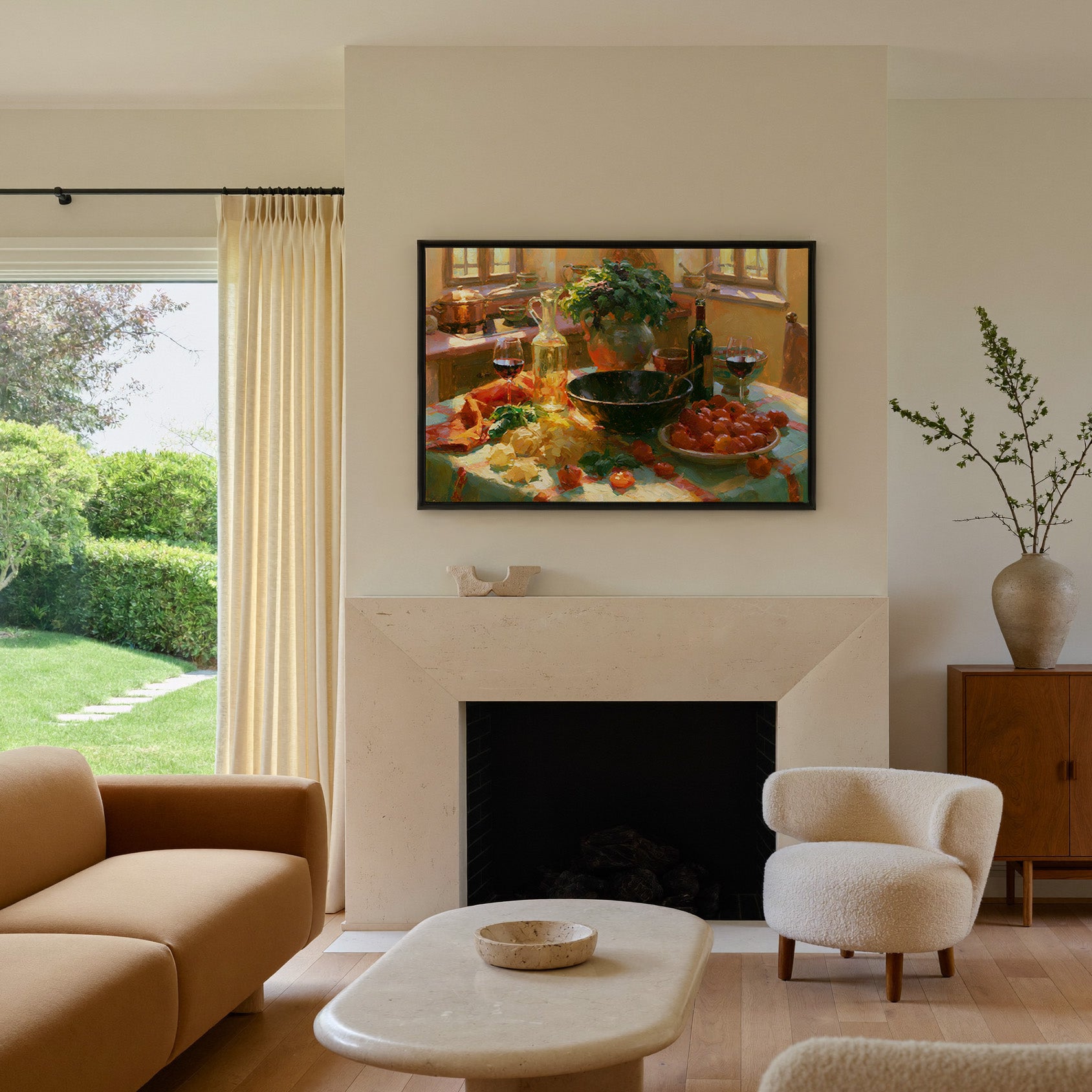 sunlit italian kitchen table with pasta, basil, canvas wall art in a black frame above a mantel