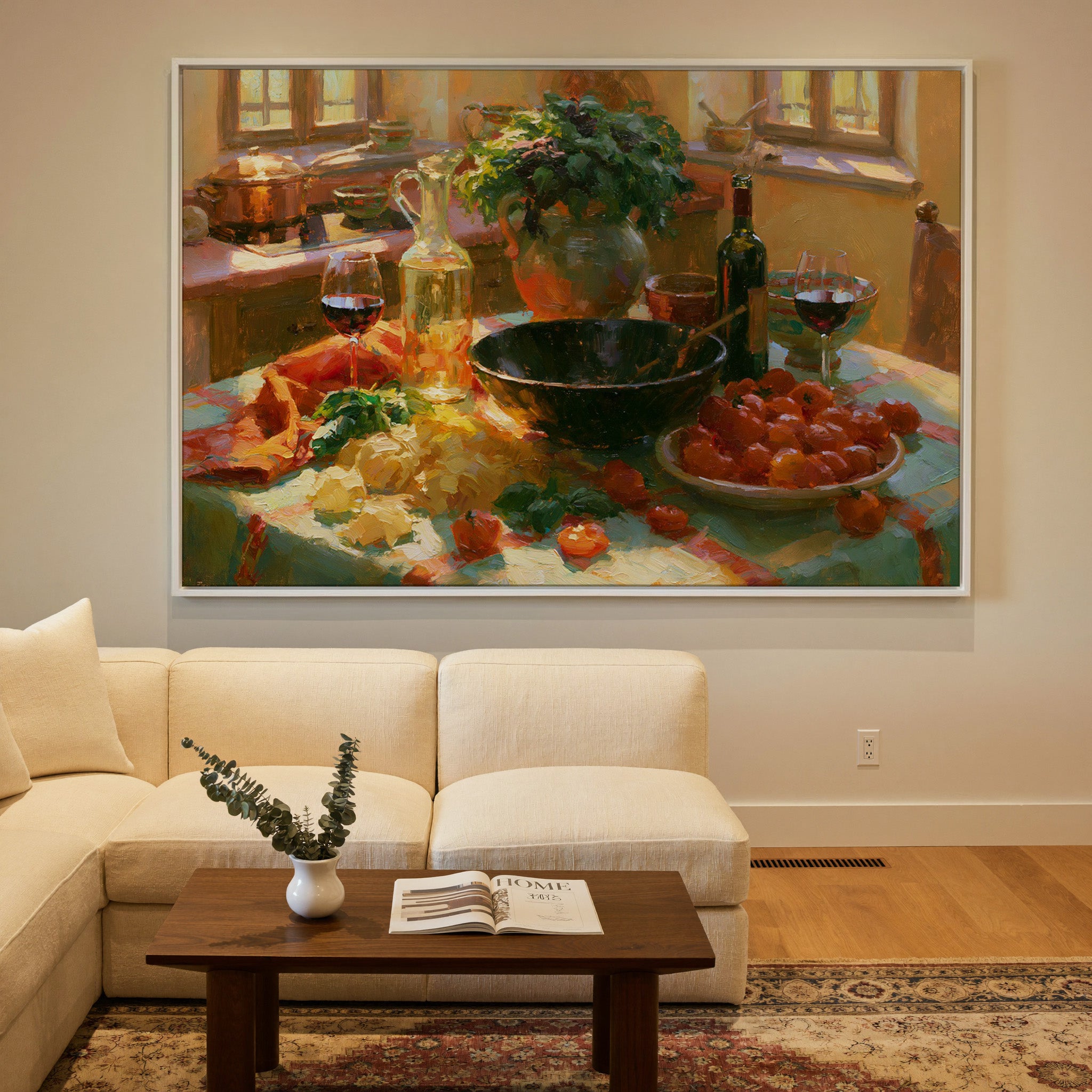 sunlit italian kitchen table with pasta, basil, canvas wall art in a white frame in a styled room setting