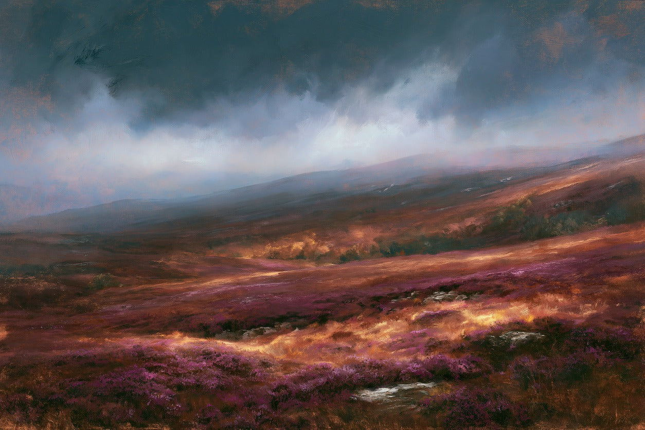 Heather-covered hills in plum and rust beneath a dark blue-gray storm sky