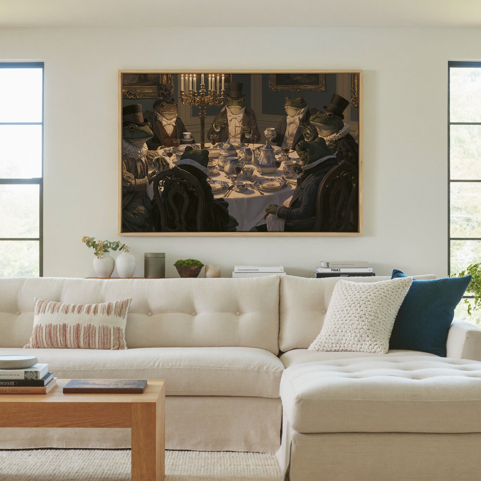 formal frogs around a candlelit table canvas wall art in a natural wood frame in a living room