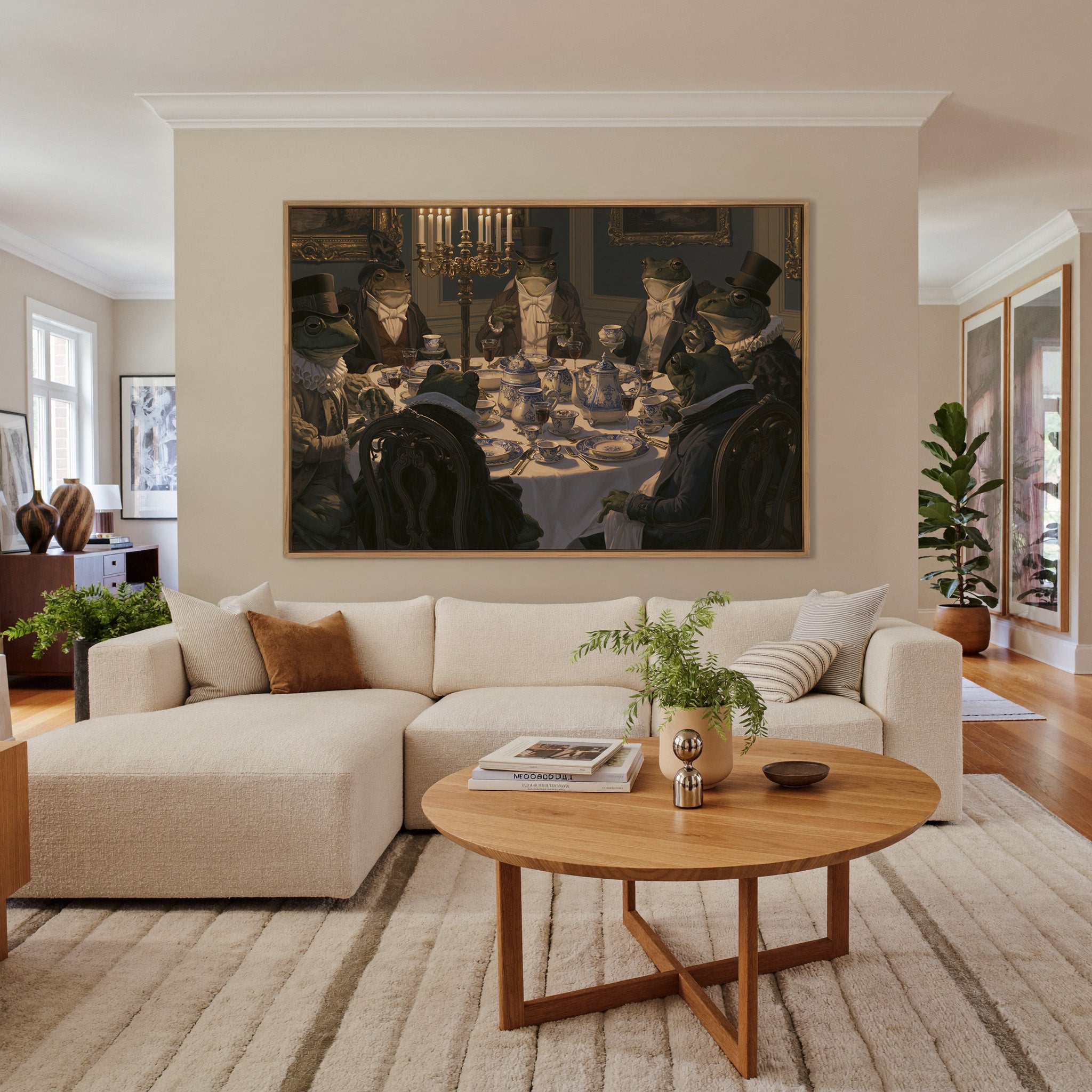 formal frogs around a candlelit table canvas wall art in an oak frame in a living room