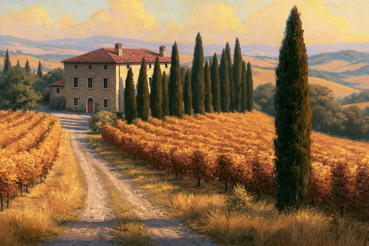 Golden vineyard rows, cypress trees, and a stone villa in Tuscan countryside light