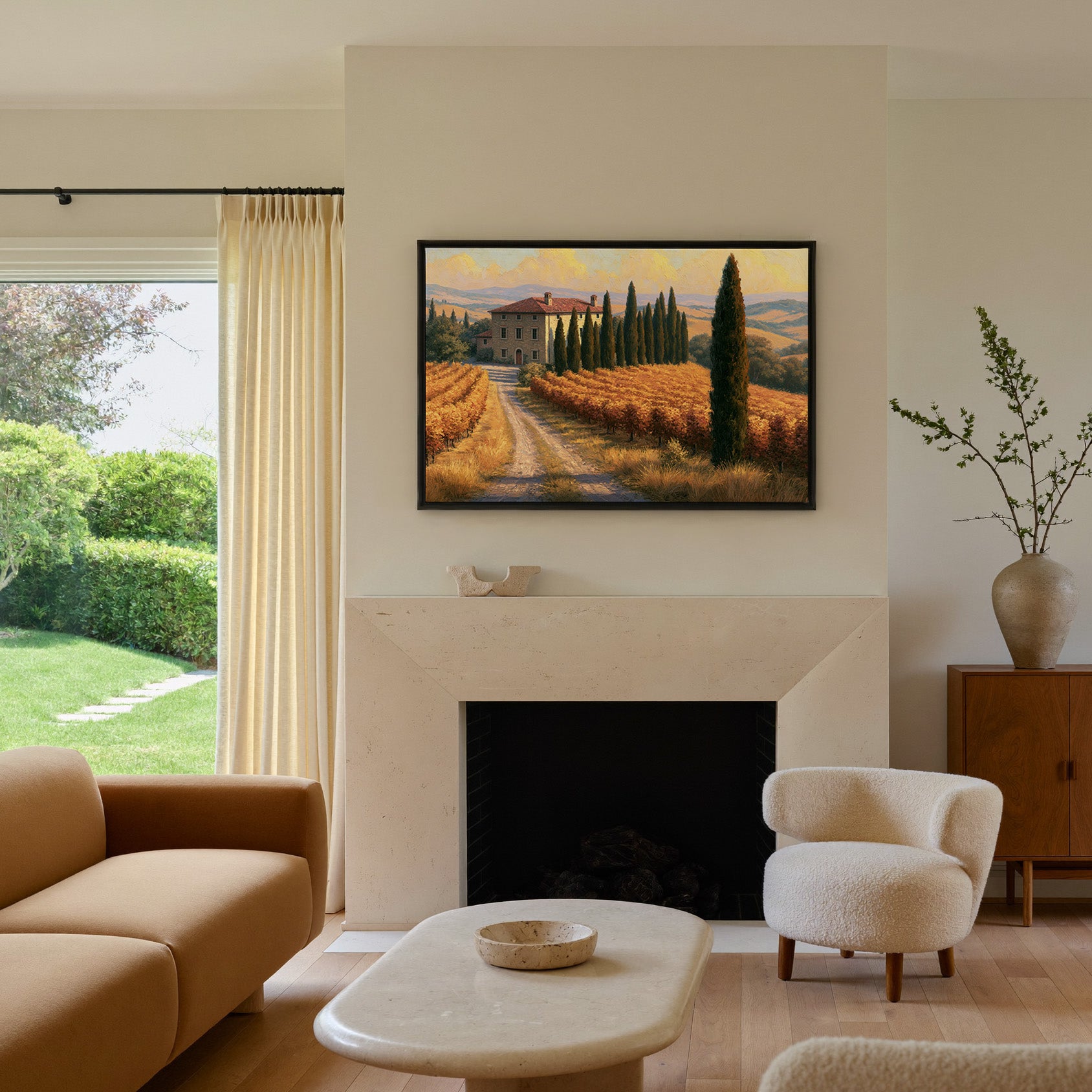 golden vineyard rows with cypress trees canvas wall art in a black frame above a mantel