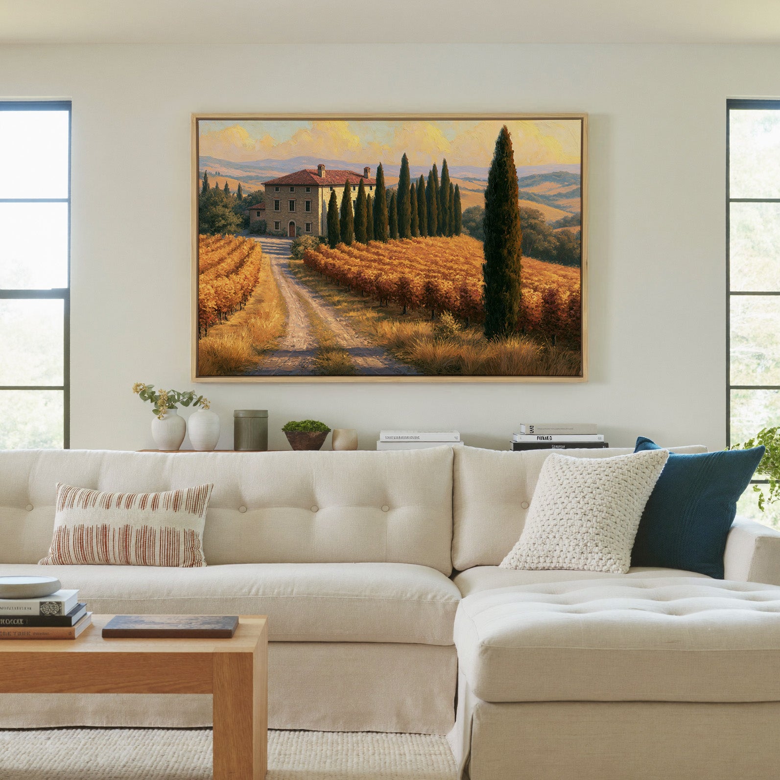 golden vineyard rows with cypress trees canvas wall art in a natural wood frame in a living room