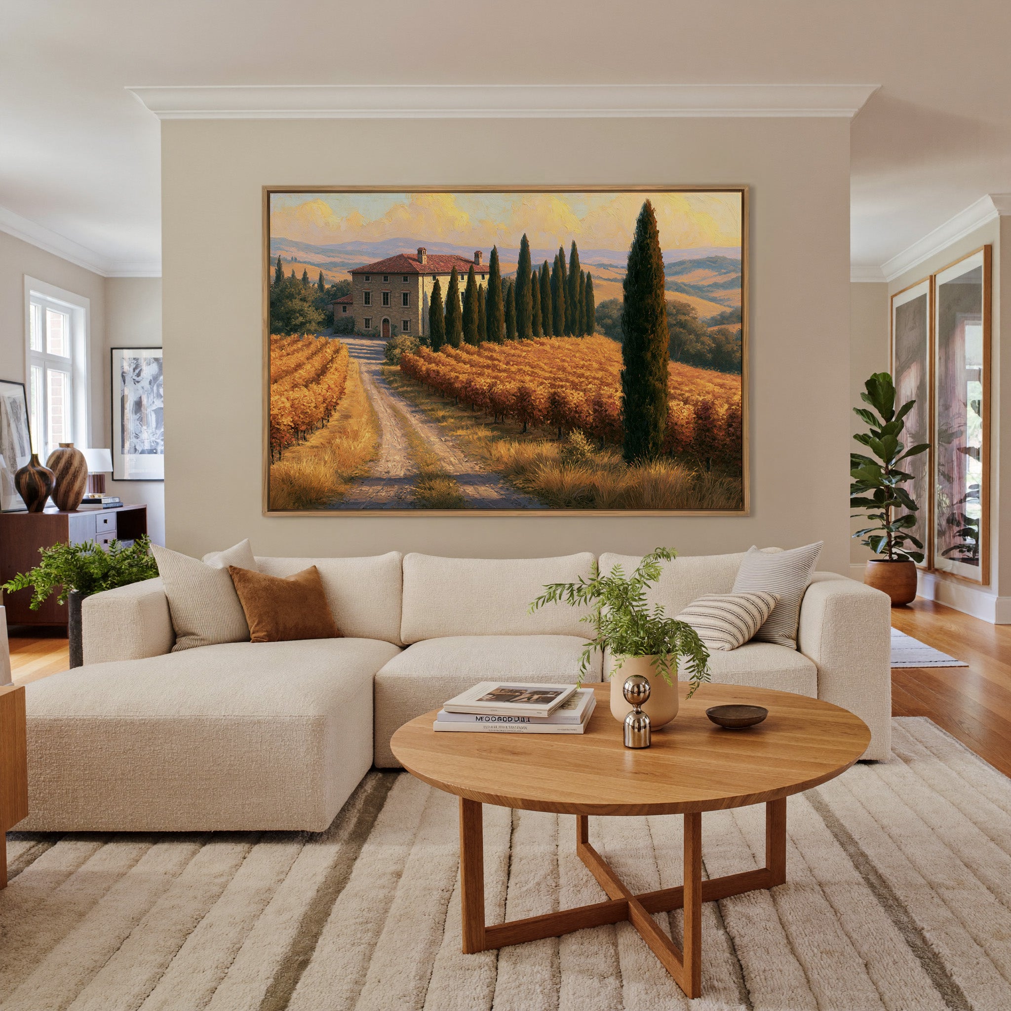 golden vineyard rows with cypress trees canvas wall art in an oak frame in a living room