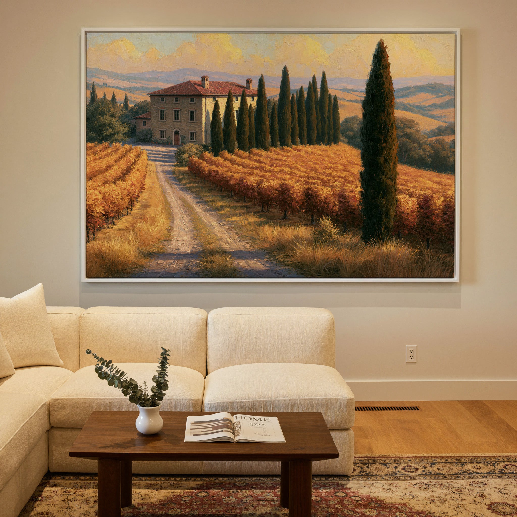 golden vineyard rows with cypress trees canvas wall art in a white frame in a styled room setting