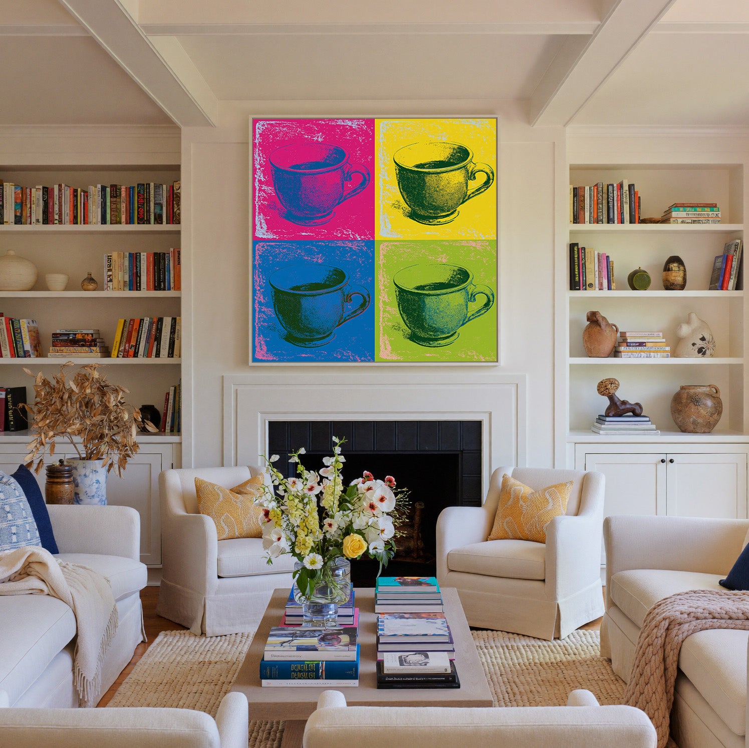 pop art teacup grid in magenta, yellow, blue, canvas wall art in a white frame above a fireplace