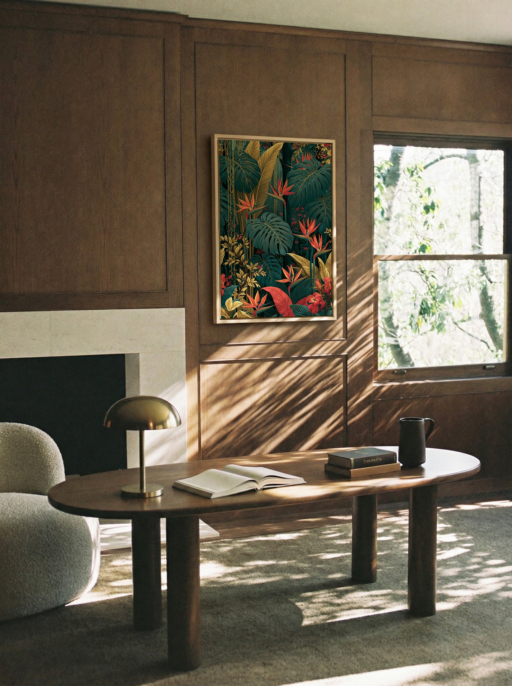 lush tropical jungle with giant canvas wall art in a natural wood frame in a styled room setting