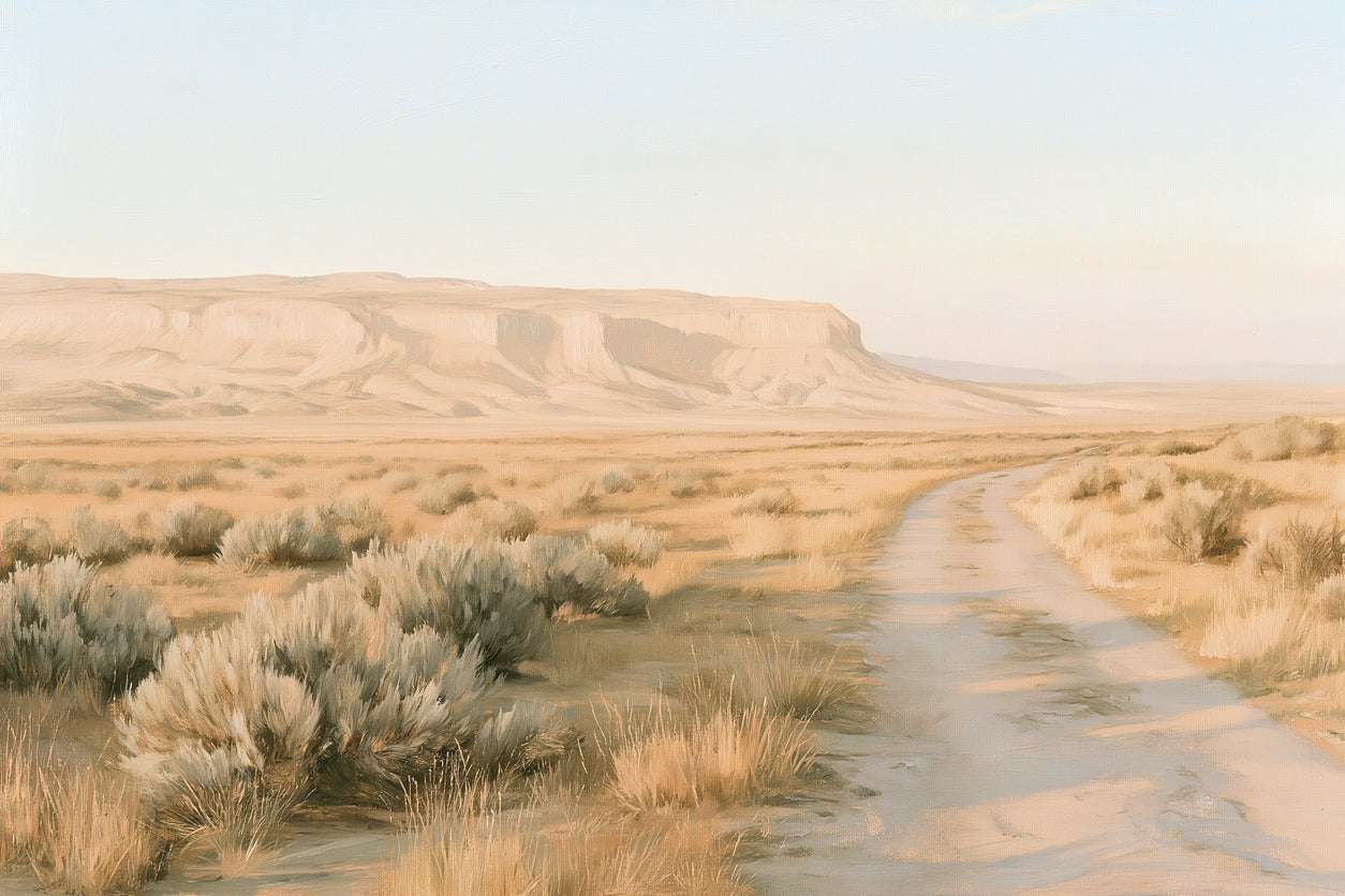 Winding desert track beside sage shrubs and a low mesa in pale beige light
