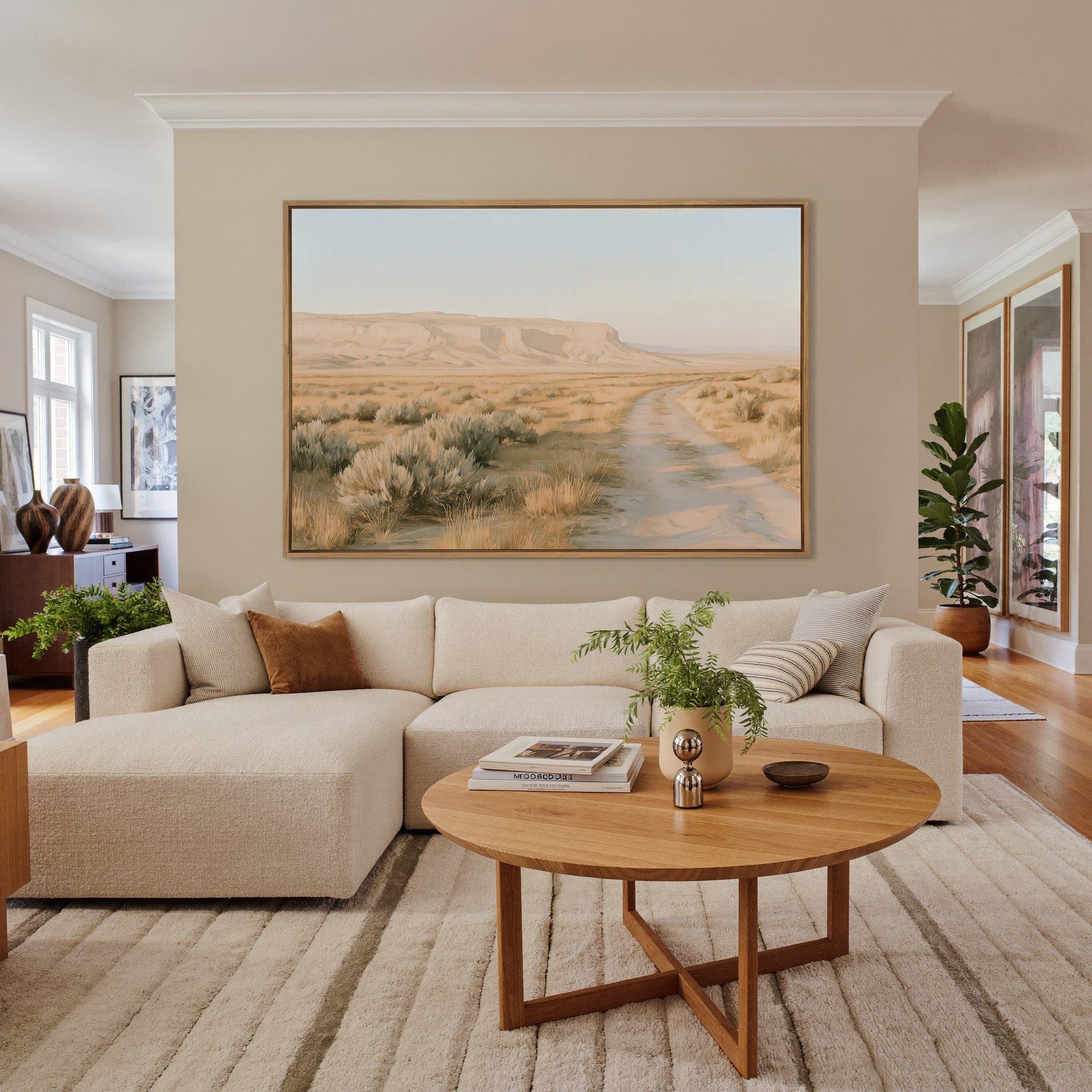 pale desert valley with a winding track and low canvas wall art in an oak frame in a living room
