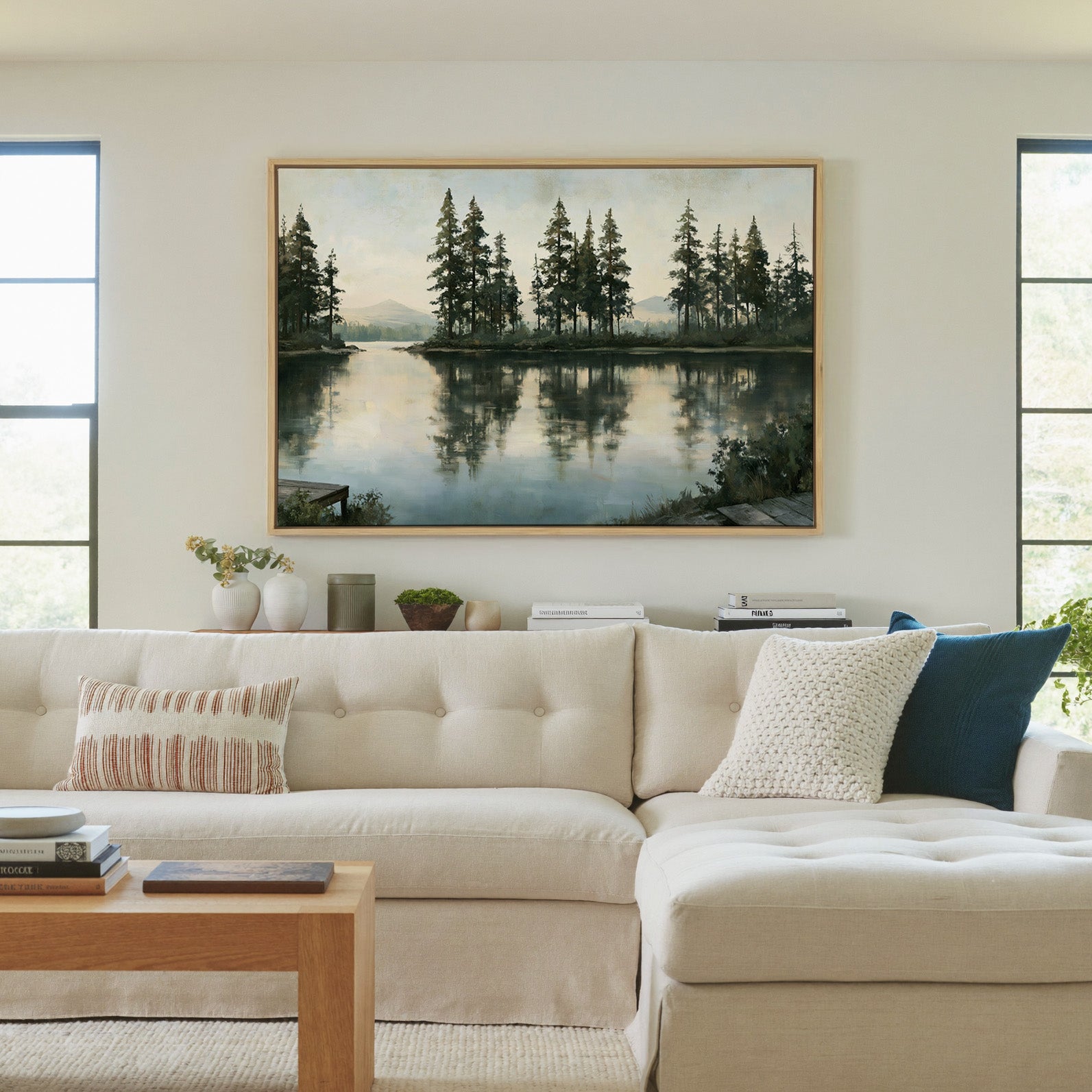 quiet lake with tall pines and pale distant canvas wall art in a natural wood frame in a living room