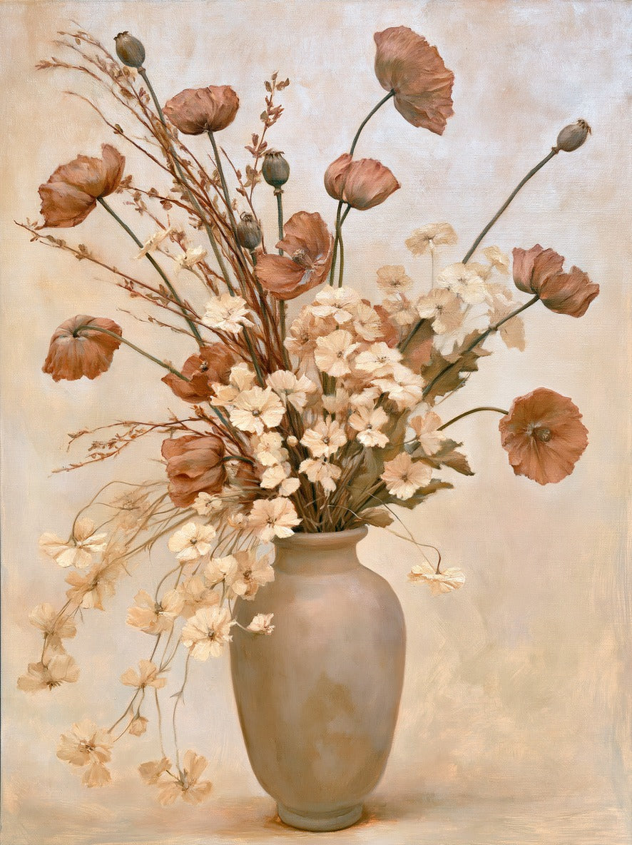 Dried poppies and pale blossoms fanning from a tall cream vase on a light beige ground