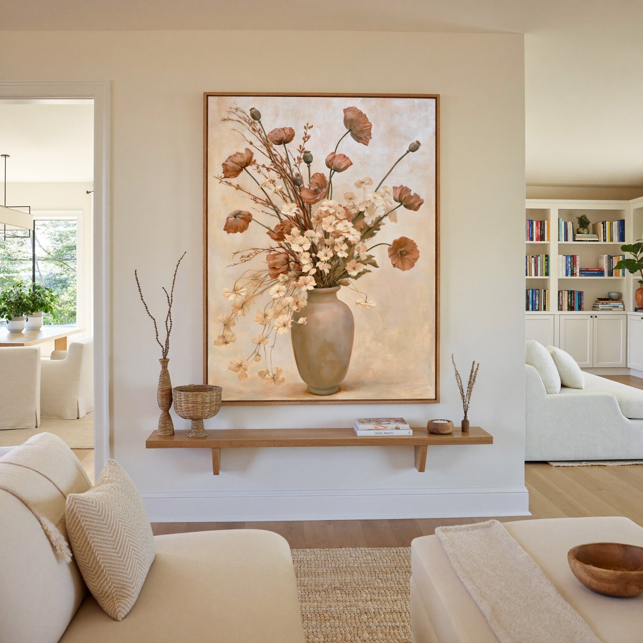 cream vase with dried poppies and pale blossoms canvas wall art in an oak frame in a living room