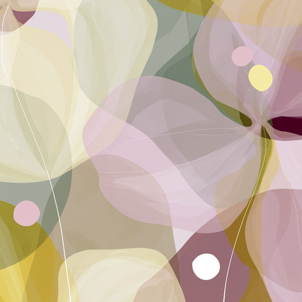Translucent blush, cream, and olive shapes with small pink and yellow circles on a muted ground