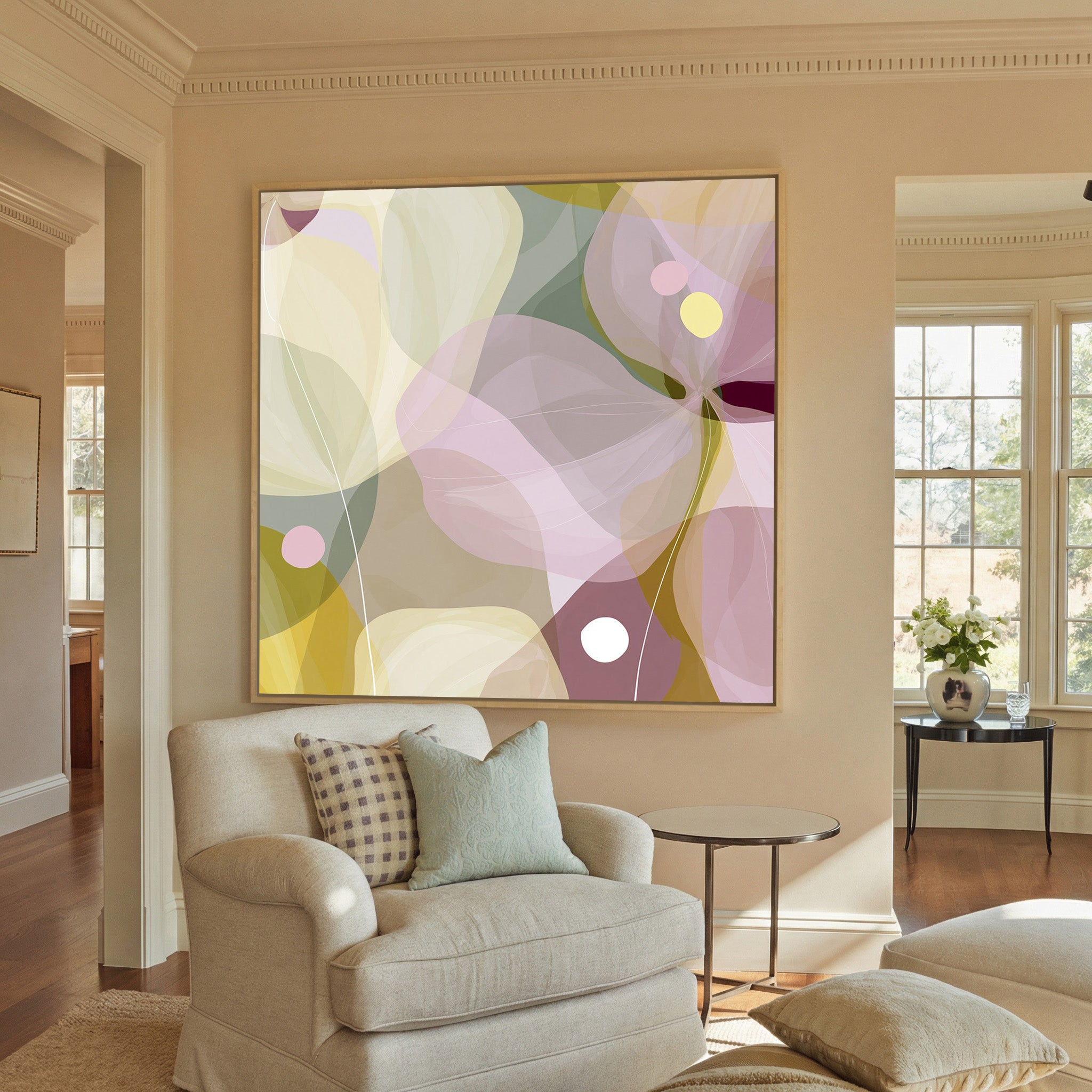 soft translucent petals in blush, cream, and canvas wall art in a natural wood frame in a styled room setting