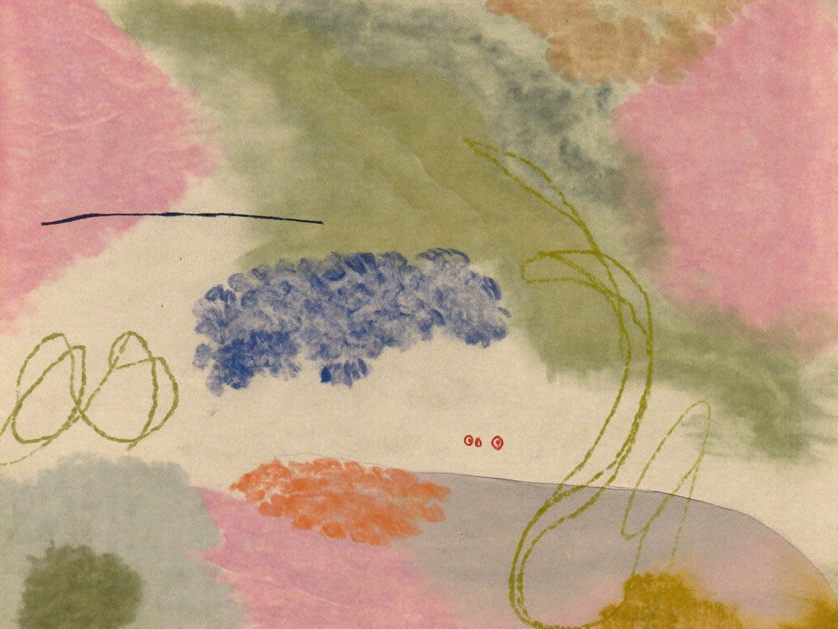 Soft pink, green, blue, and orange abstract with looping lines on a cream ground