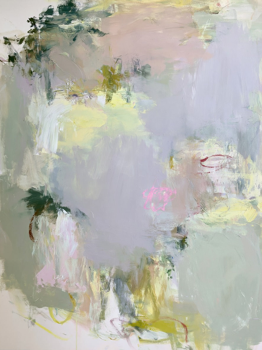 Pale lilac ground with blush, yellow-green, and dark green marks in loose layers