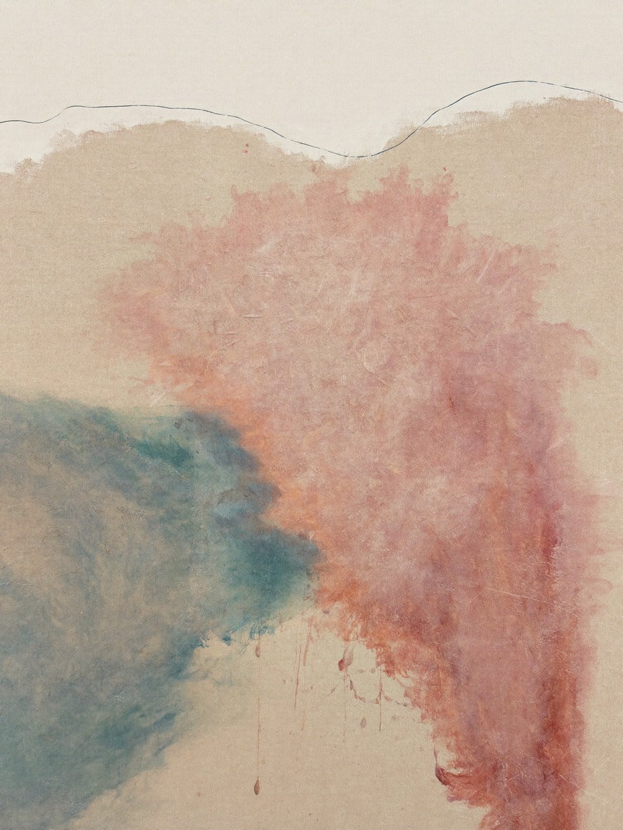 Blush pink and teal abstract forms with soft edges and thin drips on a cream ground